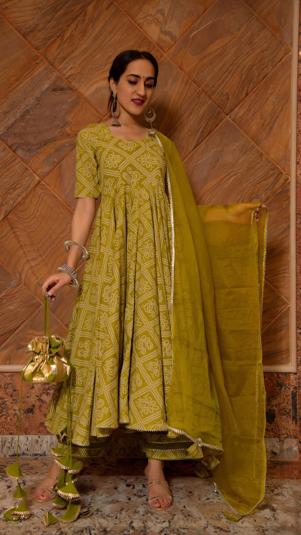 Pomcha Jaipur Bandhej Mehndhi Green Cotton Anarkali Set | Swadesiicart