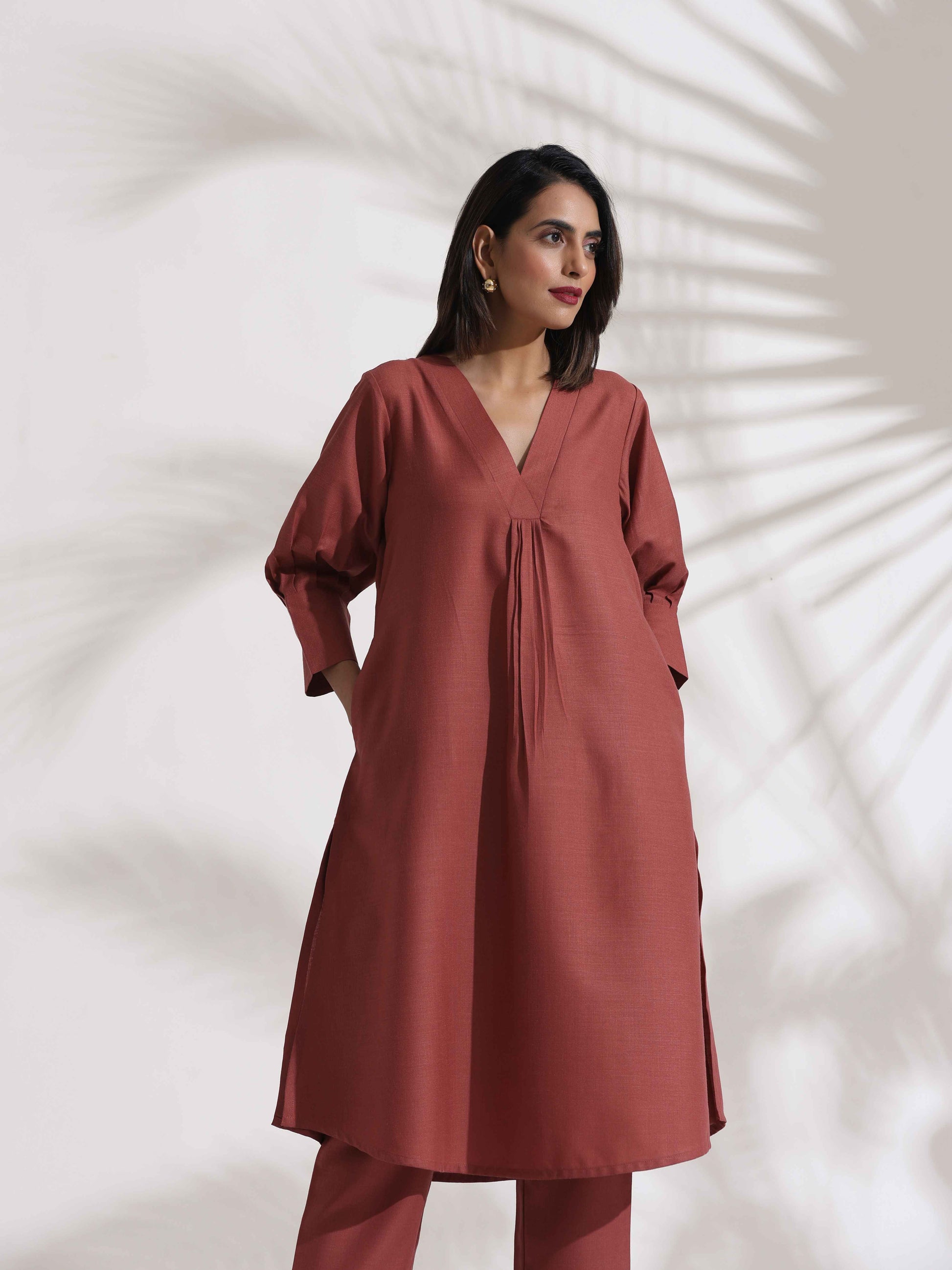 trueBrowns Pink Slub Kurta Set | Swadesiicart