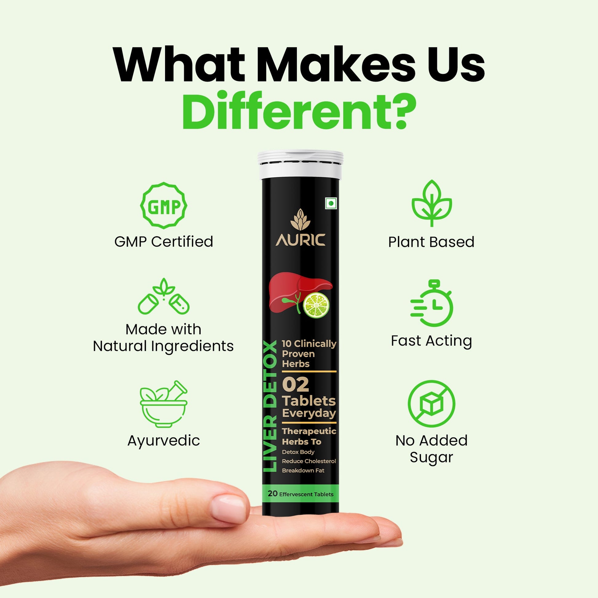 Auric Liver Detox Effervescent Tablets | Fizzy Water with 10 Ayurvedic Herbs | Clinically Researched Therapeutic Ingredients | Drop, Dissolve, Fizz, Drink - Swadesiicart
