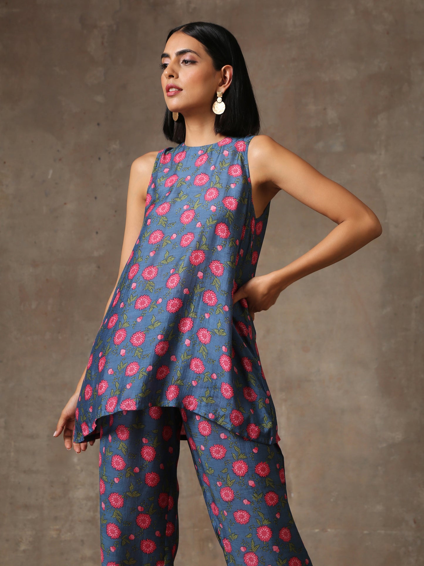 trueBrowns Blue Pink Printed Silk Co-Ord Set - Swadesiicart