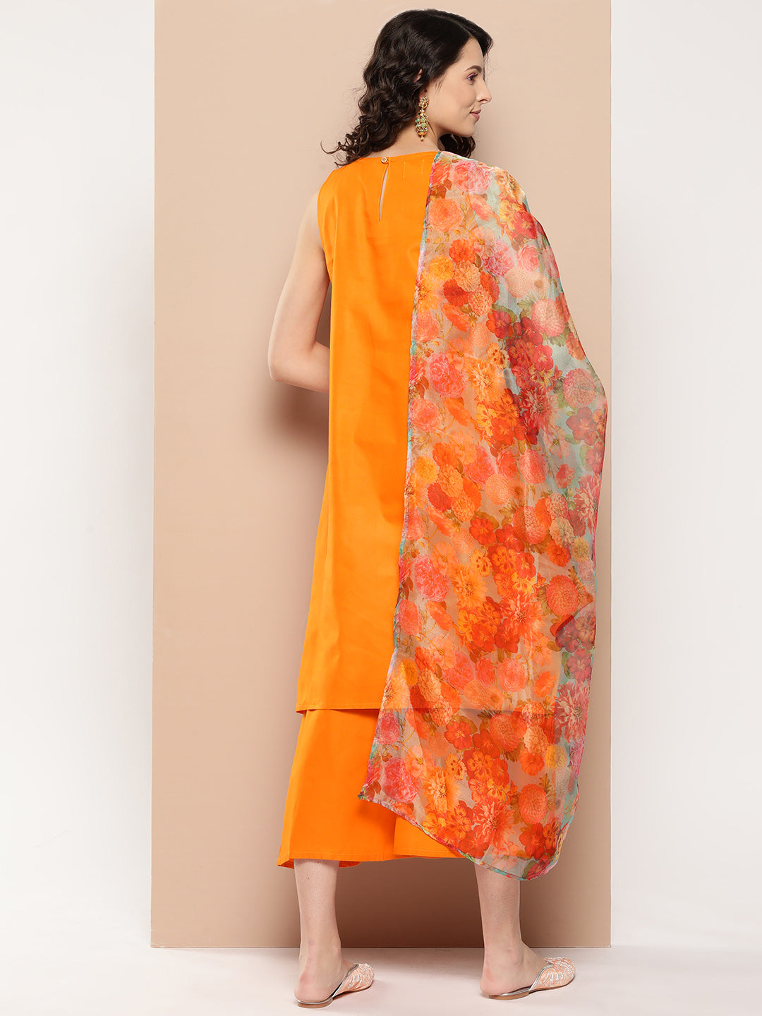 InWeave Women's Tangy Orange Short Pallazo Set W Green Or Dupatta - Swadesiicart