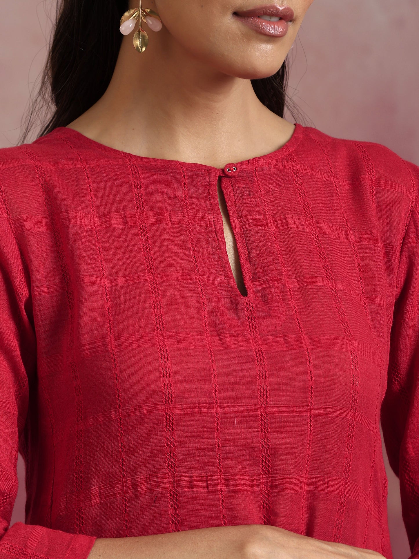 trueBrowns Red Cotton Dobby Flared Kurta Set | Swadesiicart