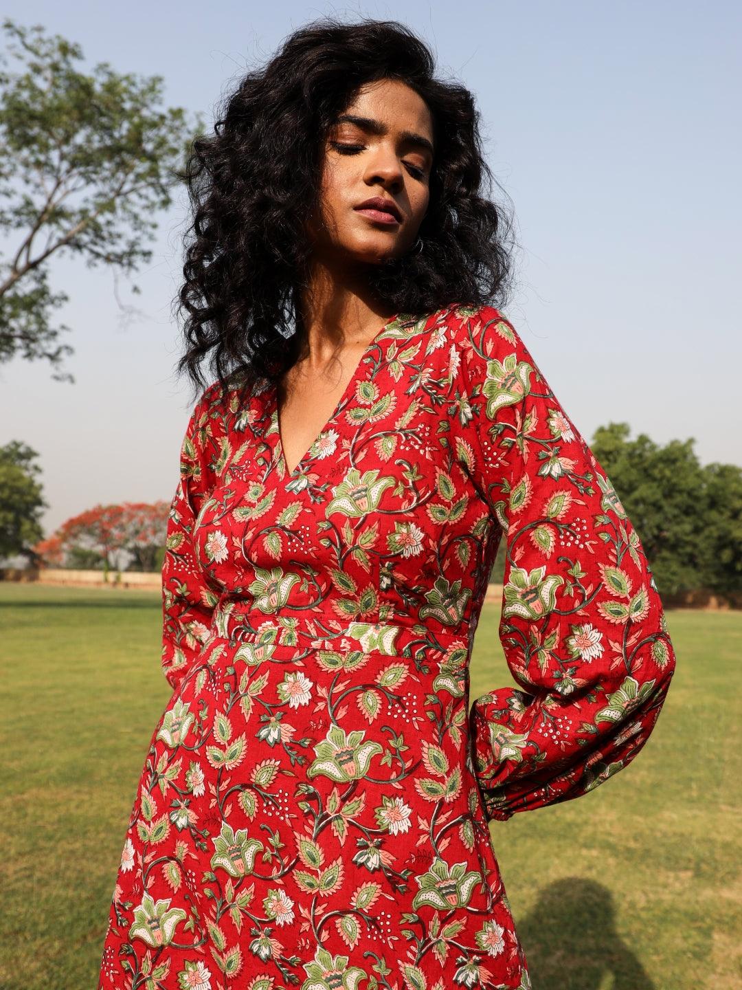 trueBrowns Red Cotton Block Print Backless Dress | Swadesiicart