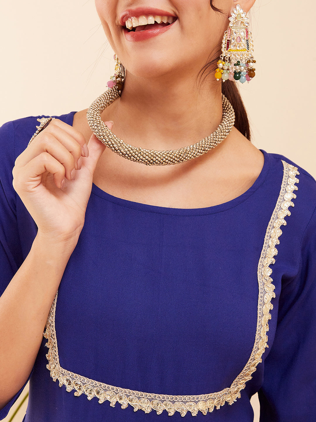 InWeave Women's Blue Round Neck Square Gota Work Kurta Pant Set - Swadesiicart