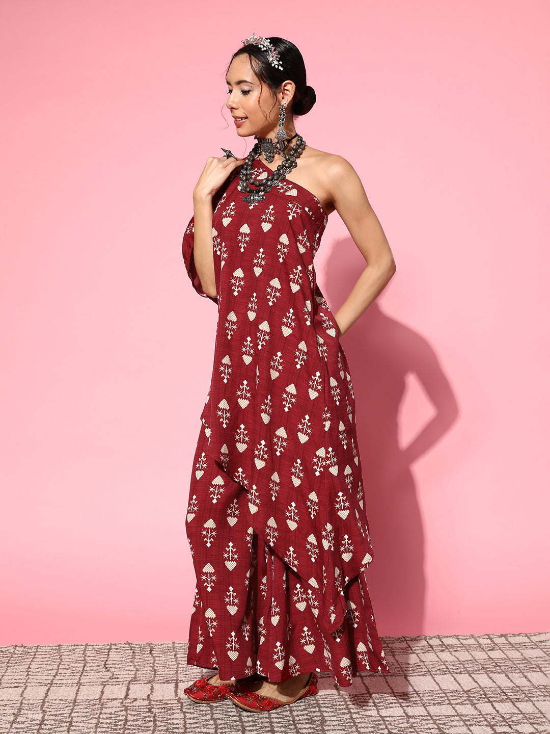 InWeave Women's Maroon Boota One Shoulder Top With Palazzo Set - Swadesiicart