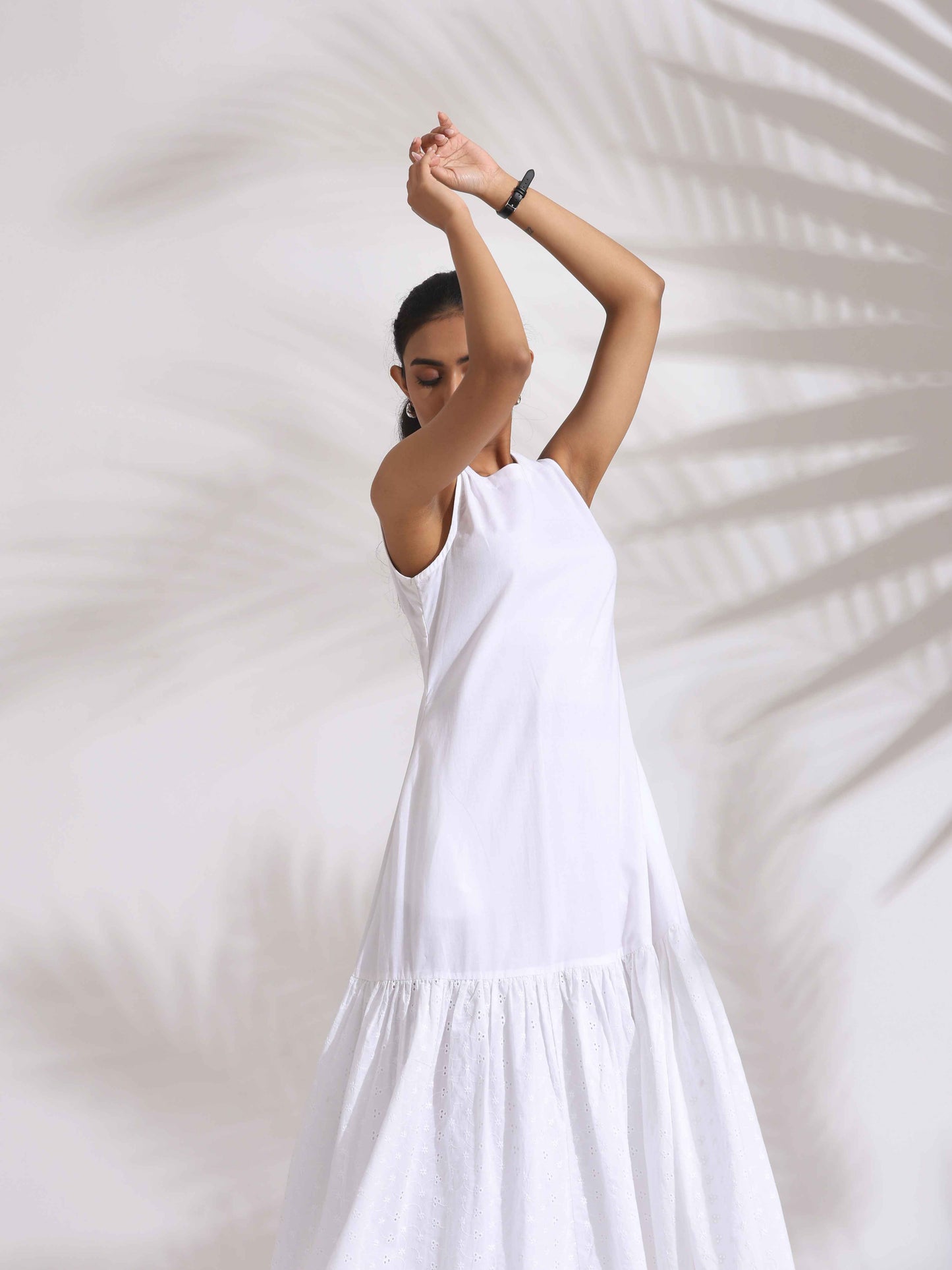 trueBrowns White Cotton Schiffli Tier Dress | Swadesiicart