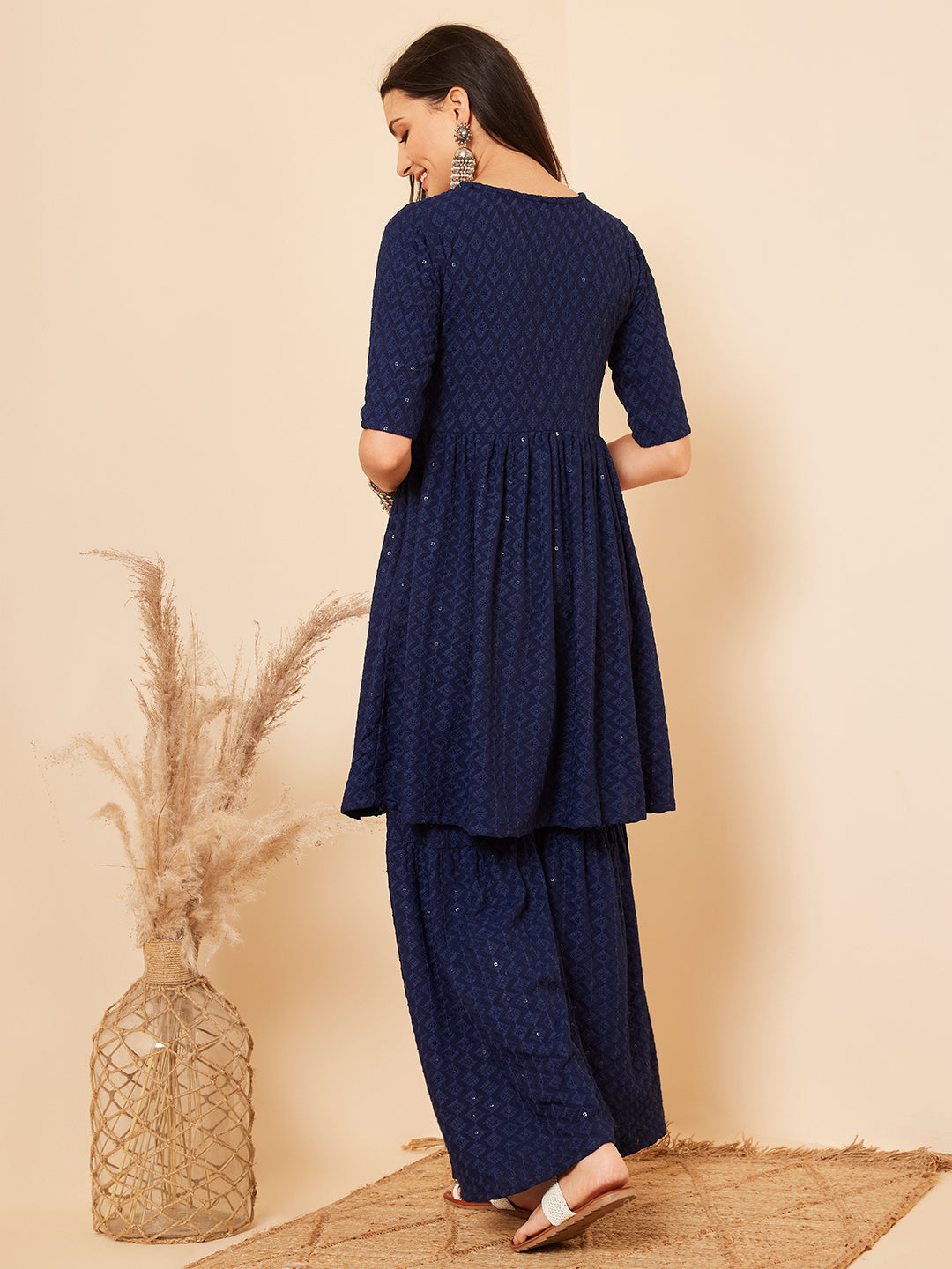 InWeave Women's Royal Blue Chikankari Kurta Set With Sharara - Swadesiicart