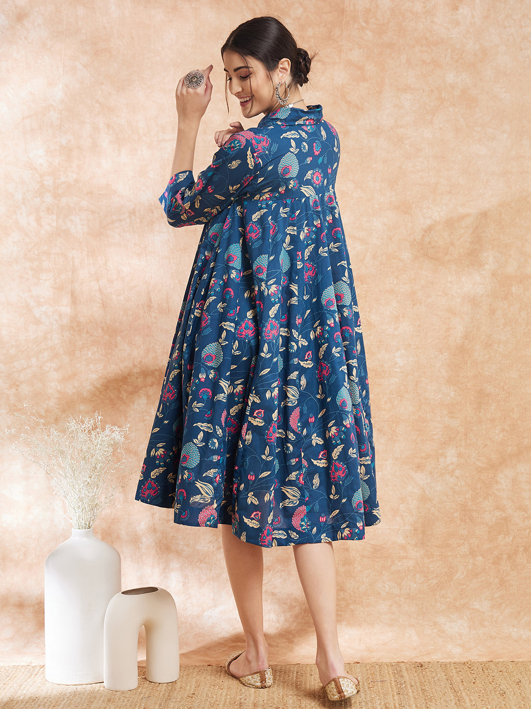 InWeave Women's Blue Pink Kalamkari Flared Dress - Swadesiicart