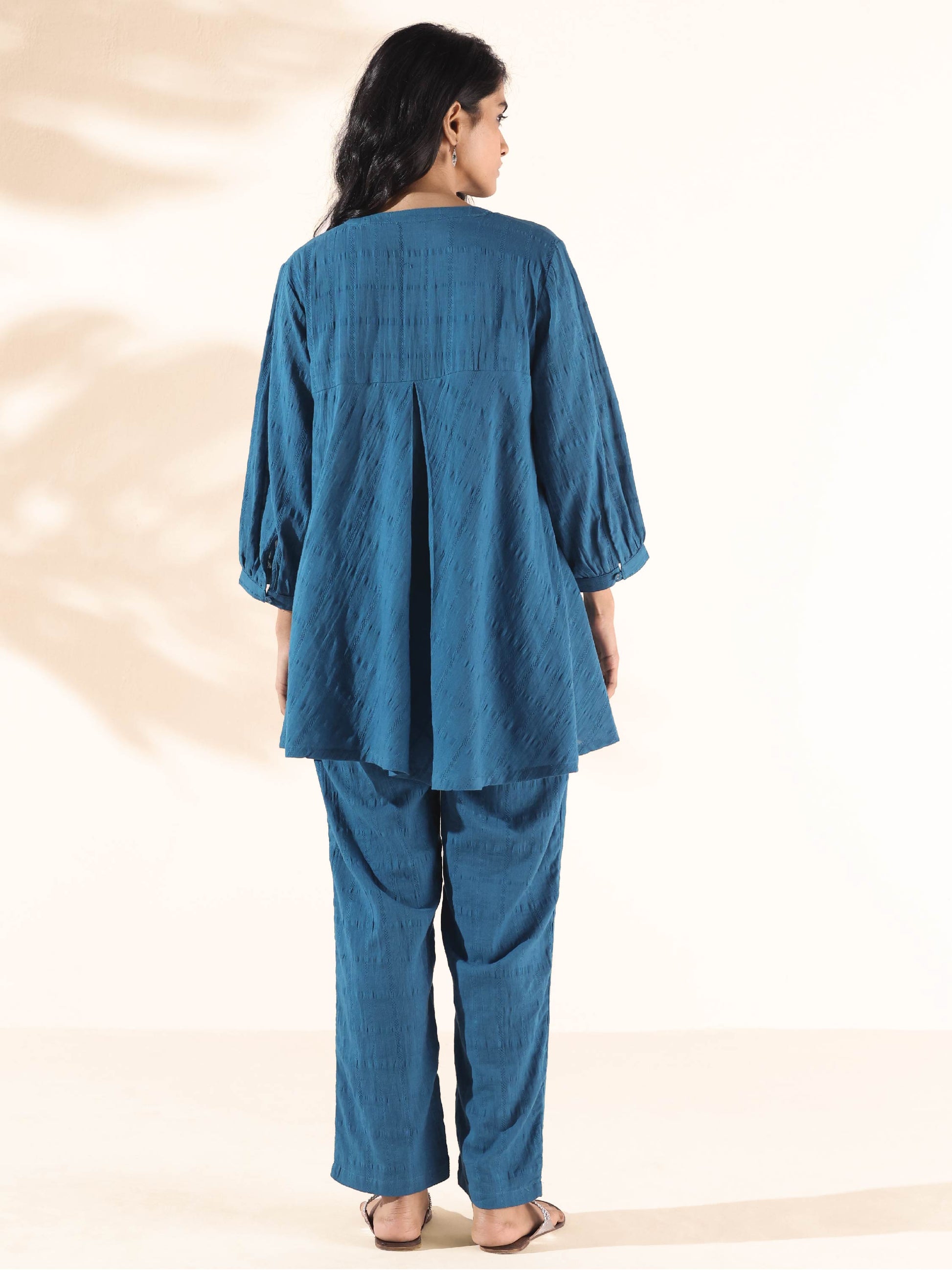 trueBrowns Blue Cotton Dobby Yoke Co-ord Set - Swadesiicart