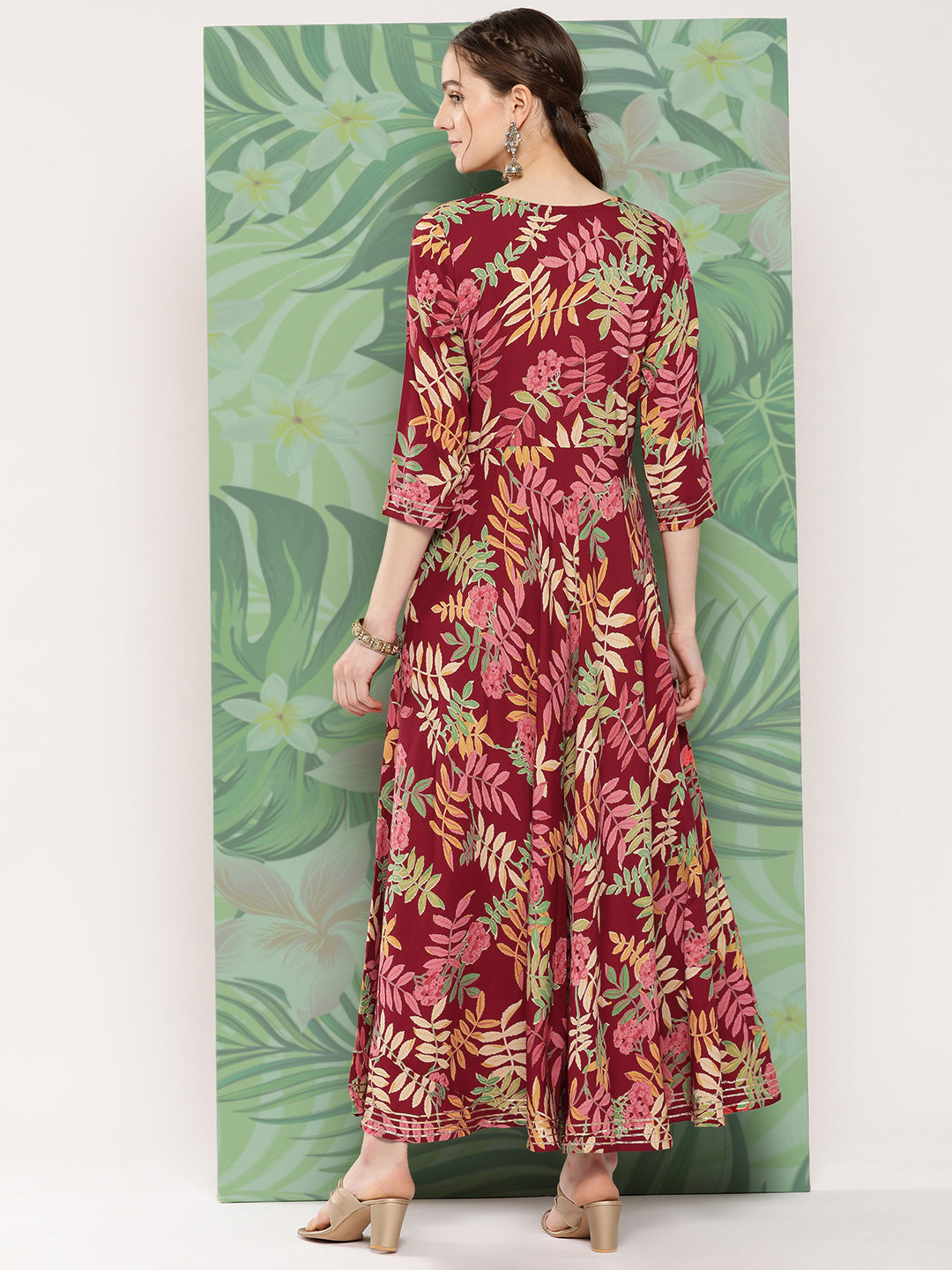 InWeave Women's Red Tropical Print Gota Long Dress - Swadesiicart