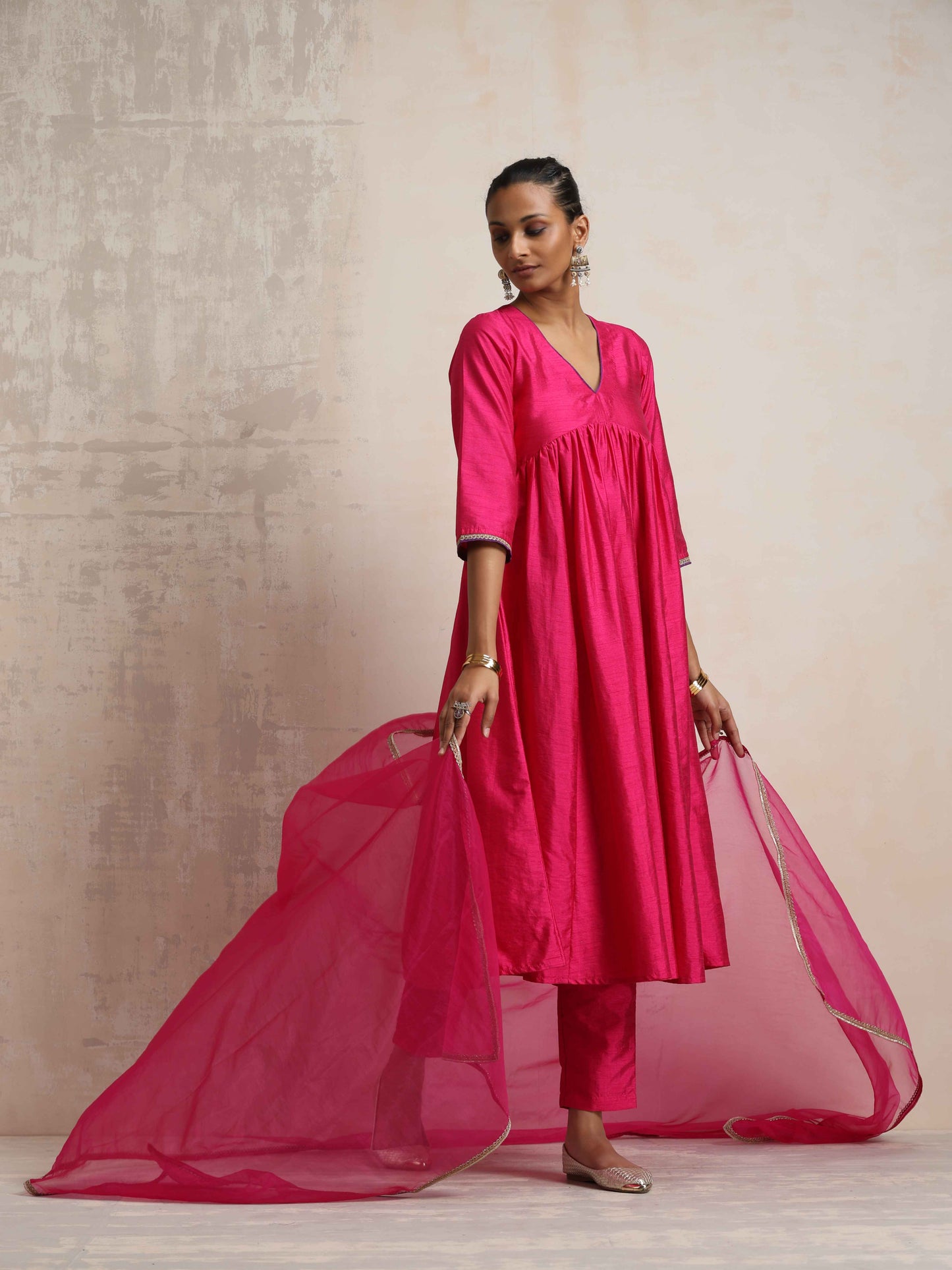trueBrowns Pink Silk Anarkali Kurta Pant Dupatta Set | Swadesiicart