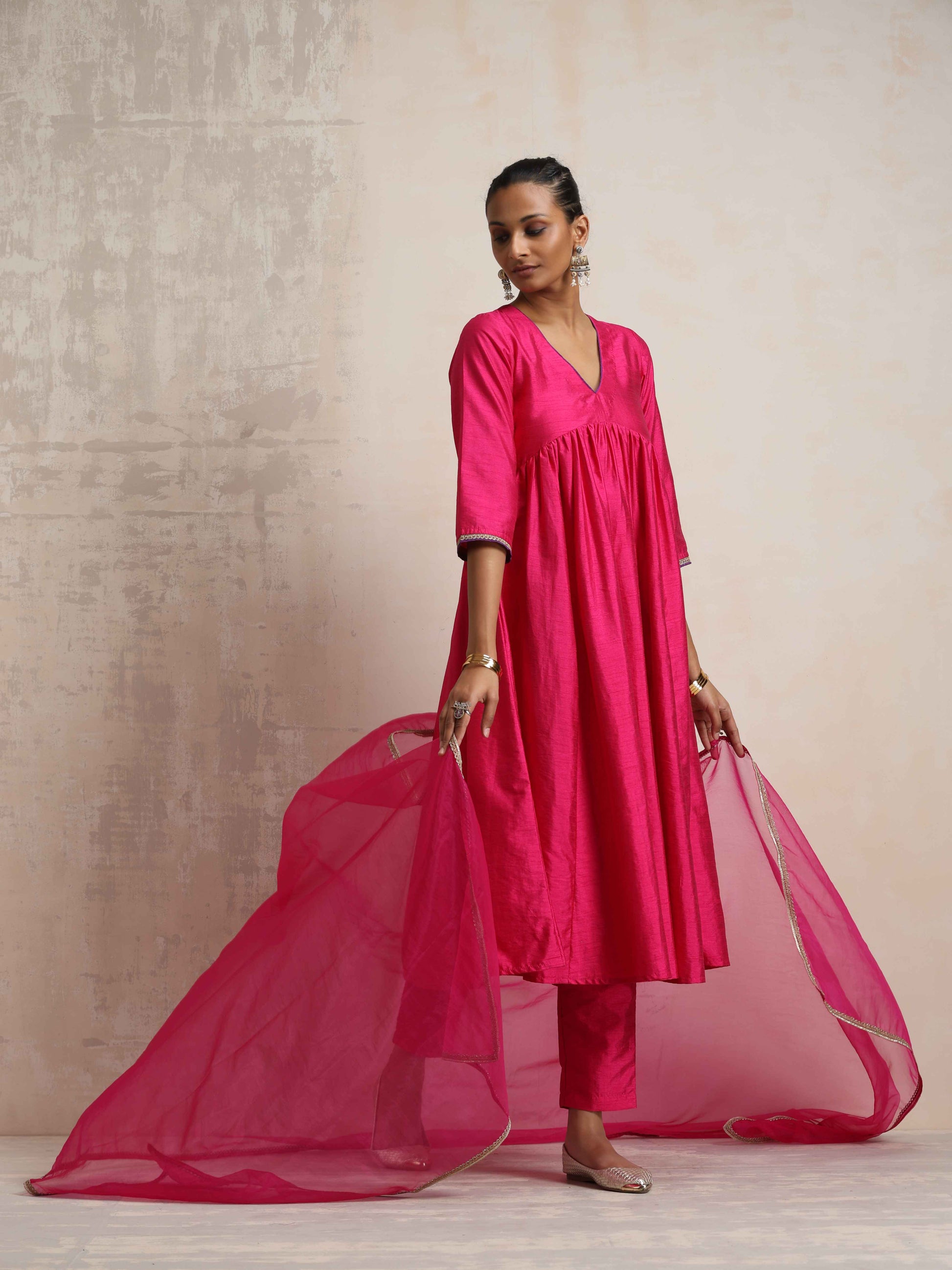 trueBrowns Pink Silk Anarkali Kurta Pant Dupatta Set | Swadesiicart