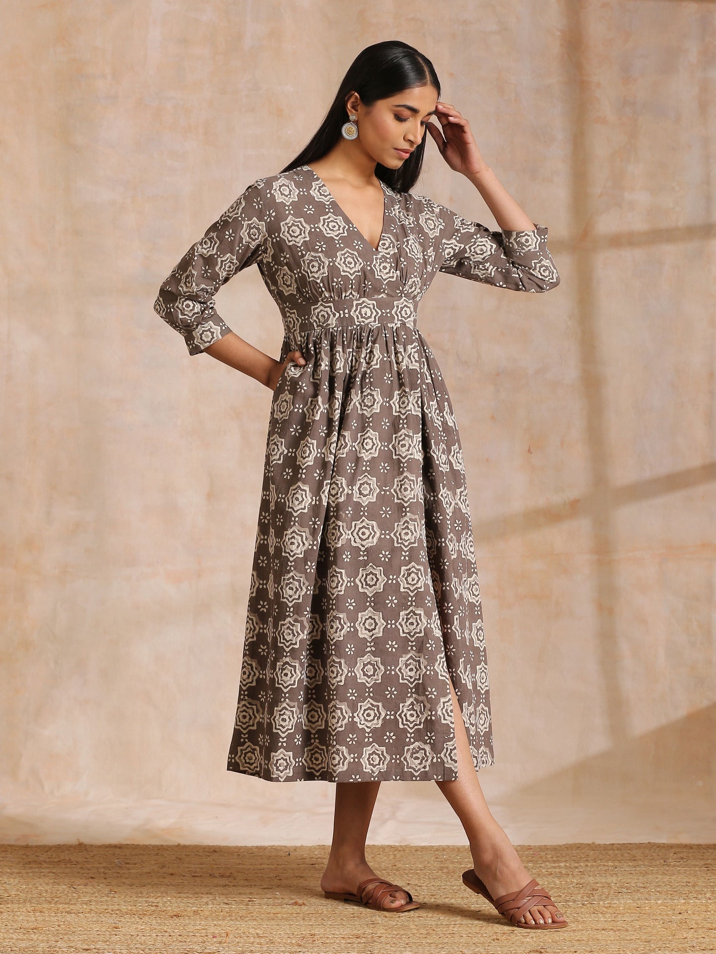 trueBrowns Clay Dabu Overall Print Cotton Wrap Dress | Swadesiicart