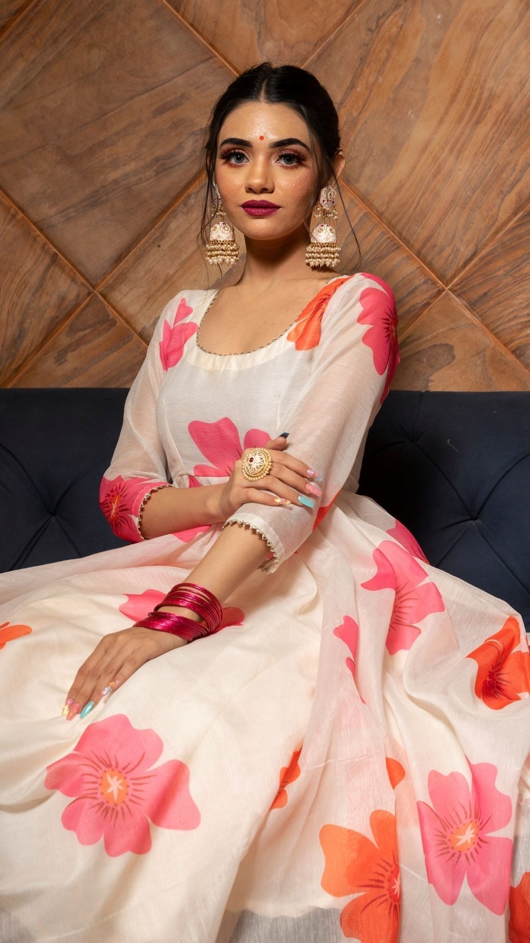 Pomcha Jaipur Carnation Off White Anarkali Set | Swadesiicart