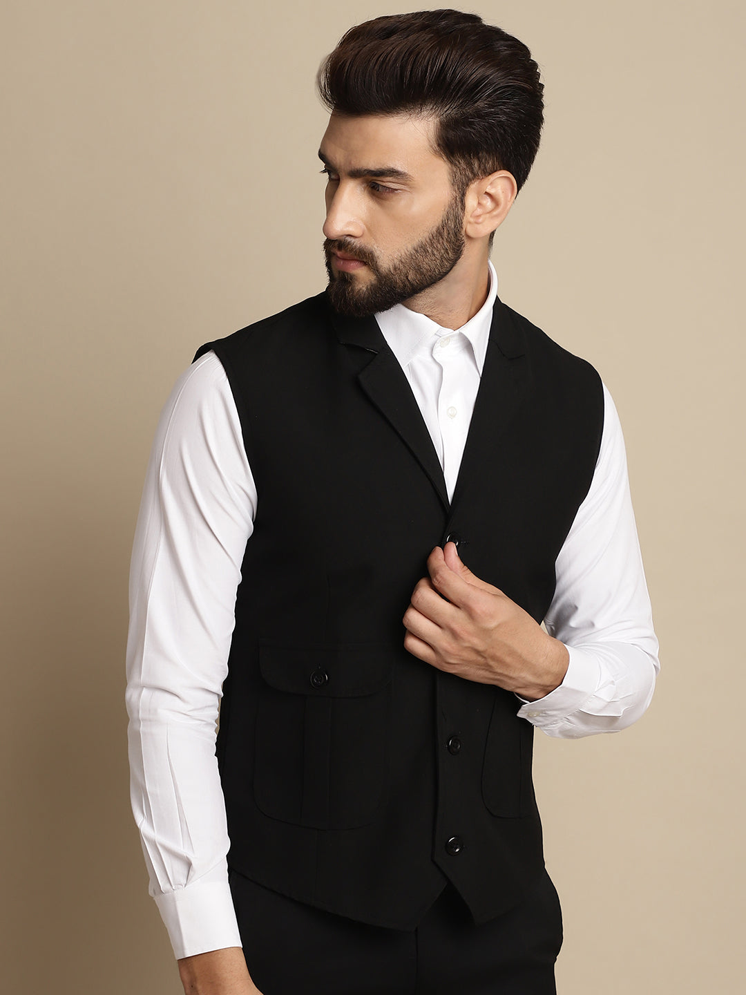 Even Apparels Men's Black Waistcoat with Notched Lapel | Swadesiicart
