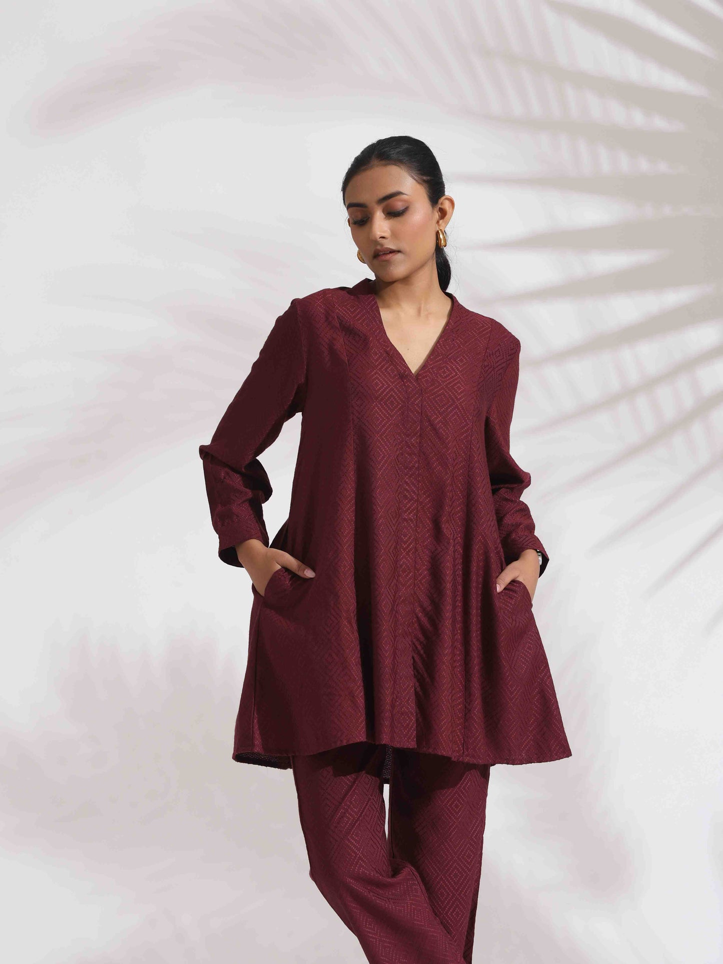 trueBrowns Maroon Dobby Co-ord Set - Swadesiicart