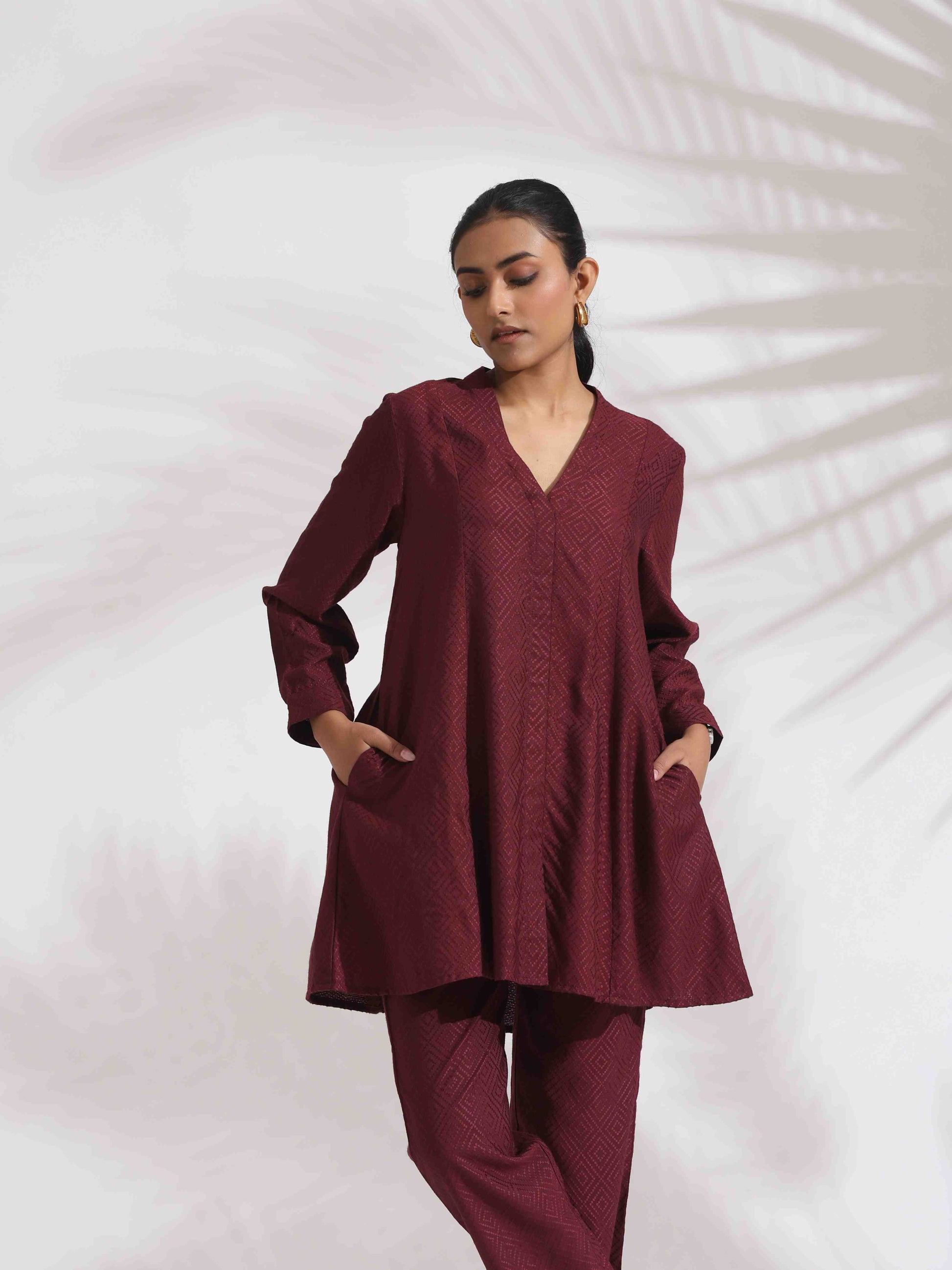 trueBrowns Maroon Dobby Co-ord Set - Swadesiicart