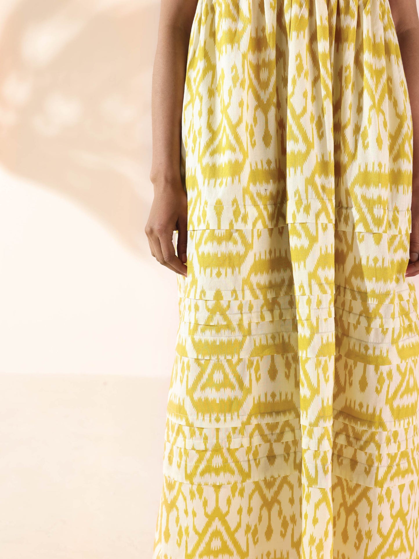 trueBrowns Lime Cotton Ikat Sleeveless Flared Dress | Swadesiicart