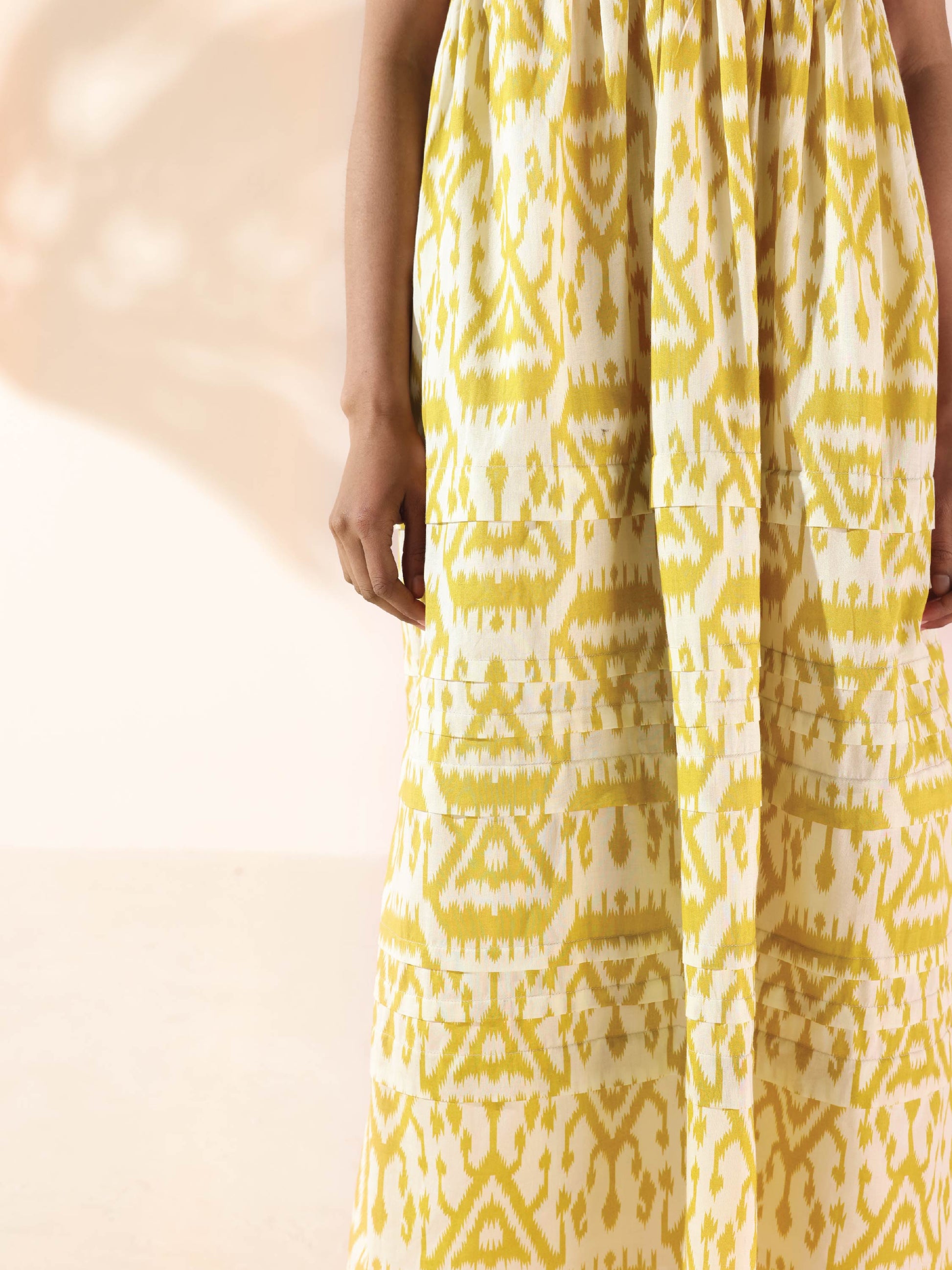 trueBrowns Lime Cotton Ikat Sleeveless Flared Dress | Swadesiicart