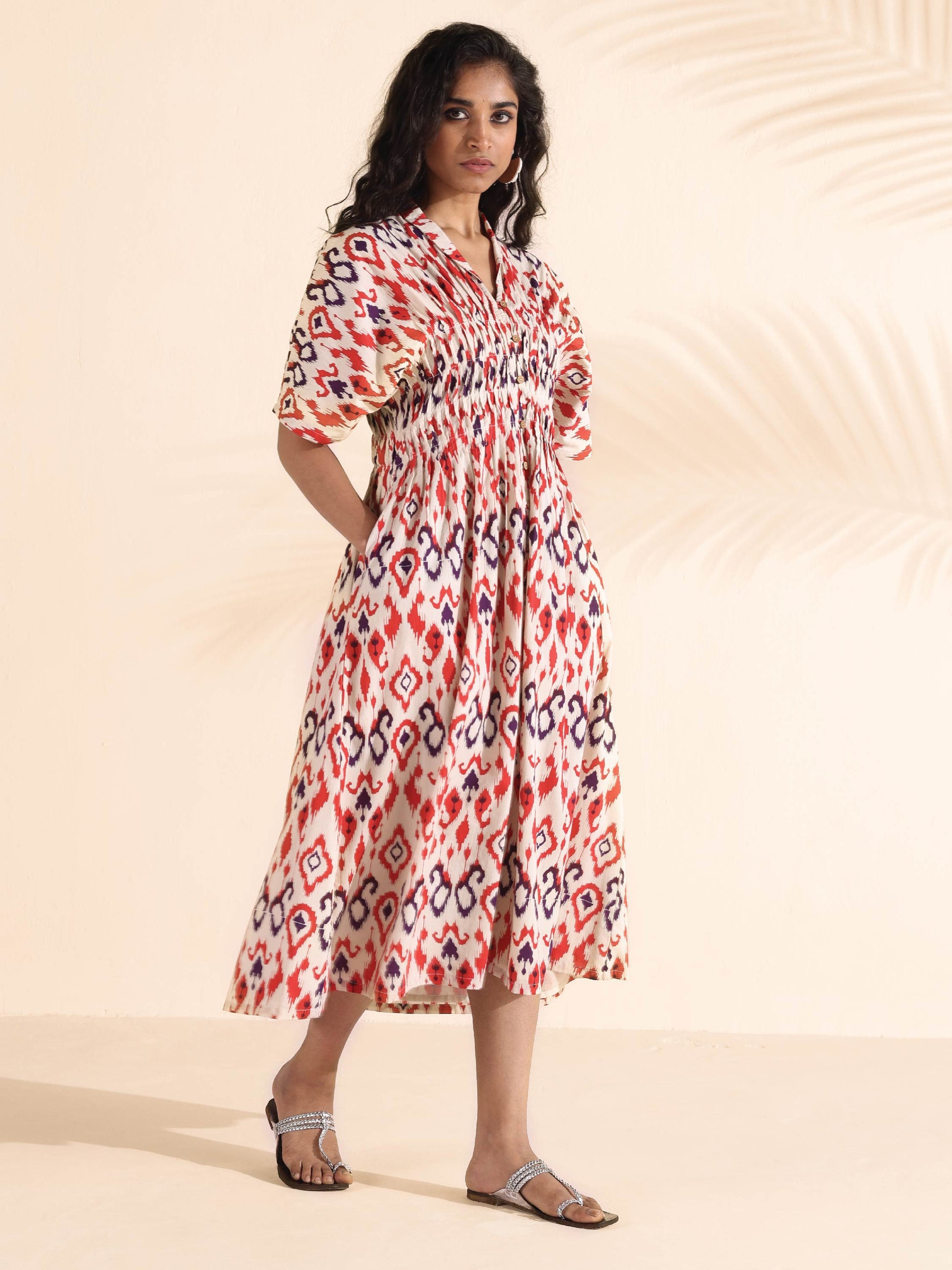trueBrowns Carrot Cotton Ikat Dress | Swadesiicart