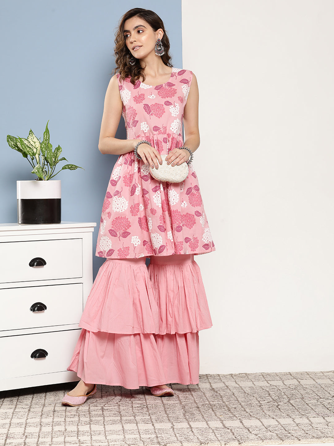 InWeave Women's Pink Printed Chintz Tiered Sharara Set - Swadesiicart