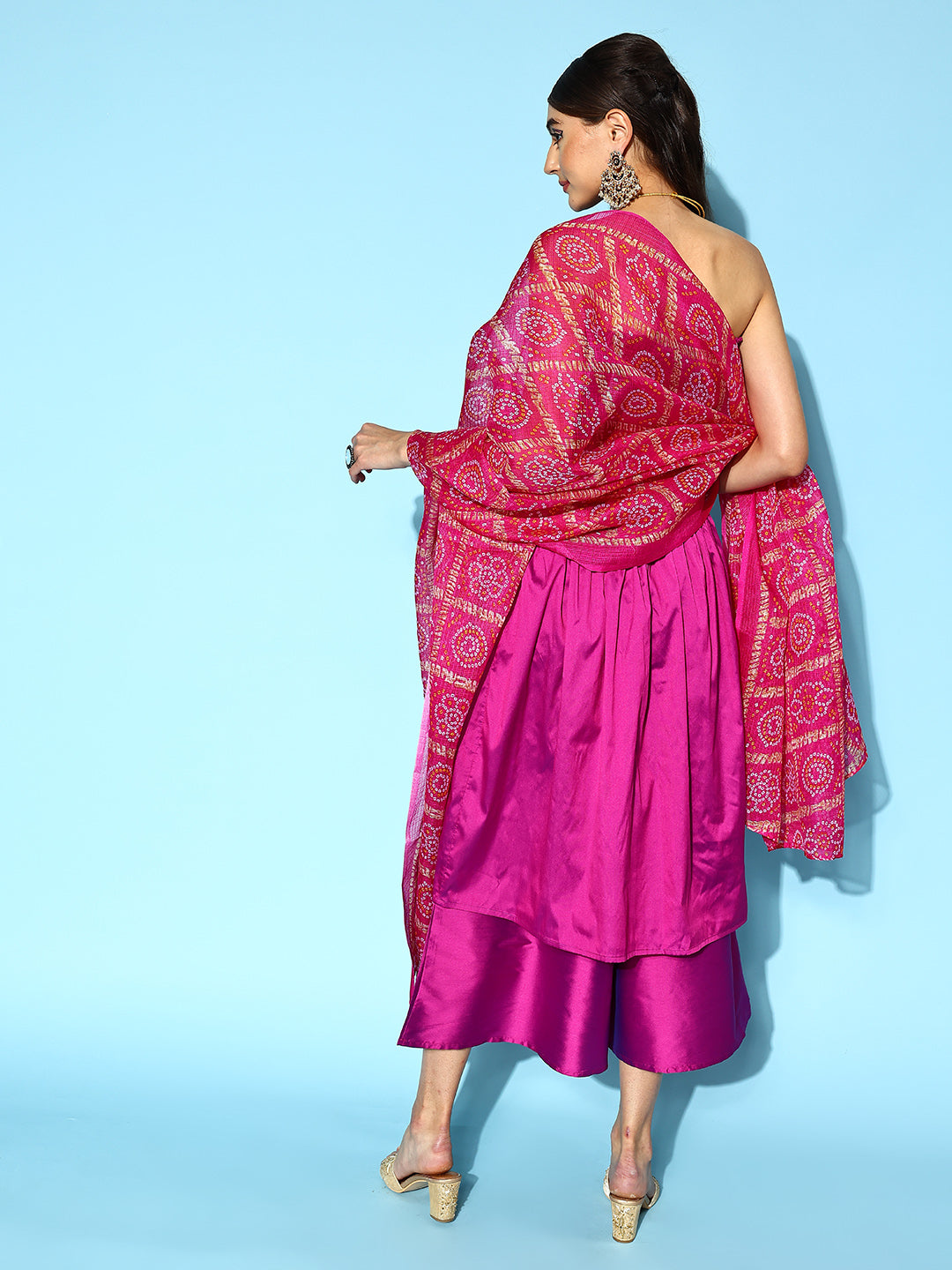 InWeave Purple Off Shoulder Silk Kurta Set -Pink Kota Bandhej Dupatta - Swadesiicart