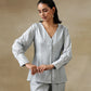 trueBrowns Grey Bandhani Printed Silk Front Open Short Co-Ord Set - Swadesiicart