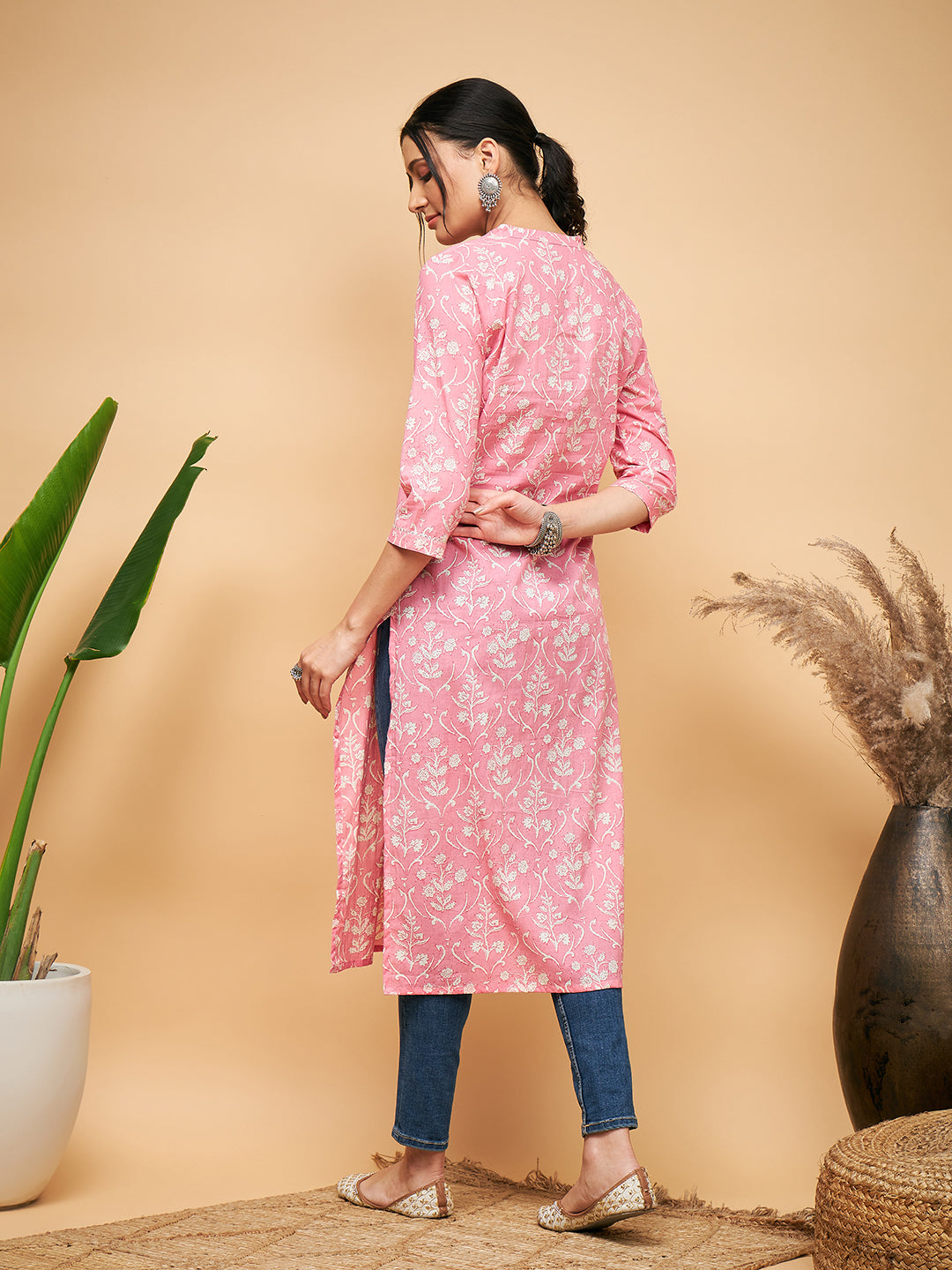 InWeave Women's Light Pink Floral Print Straight Angrakha Gota Kurta - Swadesiicart