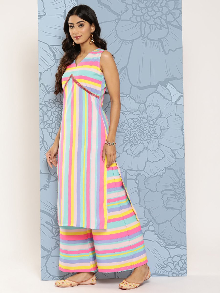 Ahalyaa Striped Empire Gotta Patti Kurta With Palazzos | Swadesiicart