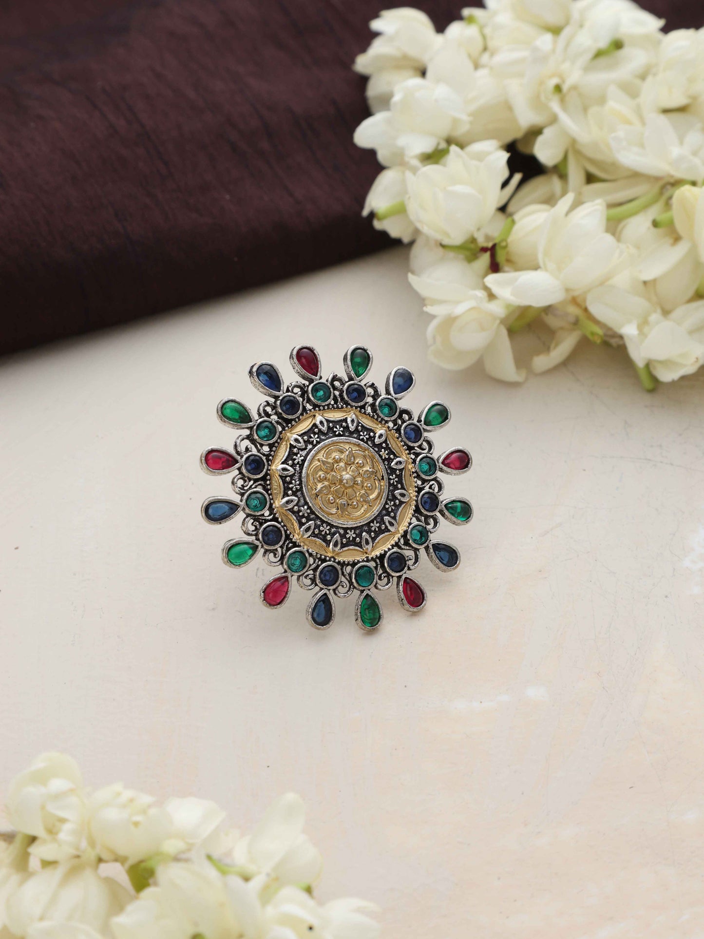 trueBrowns Silver Gold Tone Mandala Ring | Swadesiicart