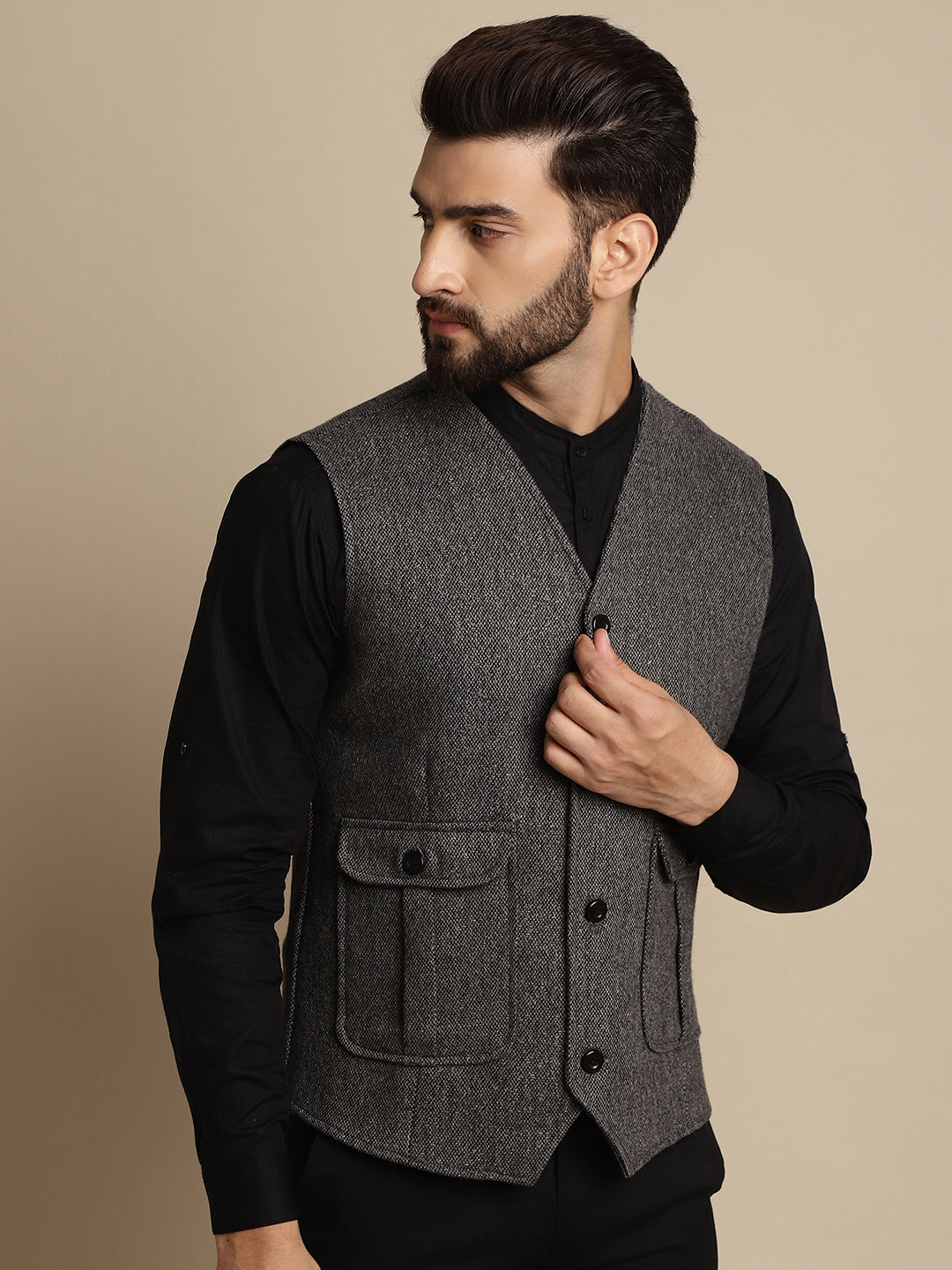 Even Apparels Men's Grey Woolen Waistcoat With Patch Pocket | Swadesiicart