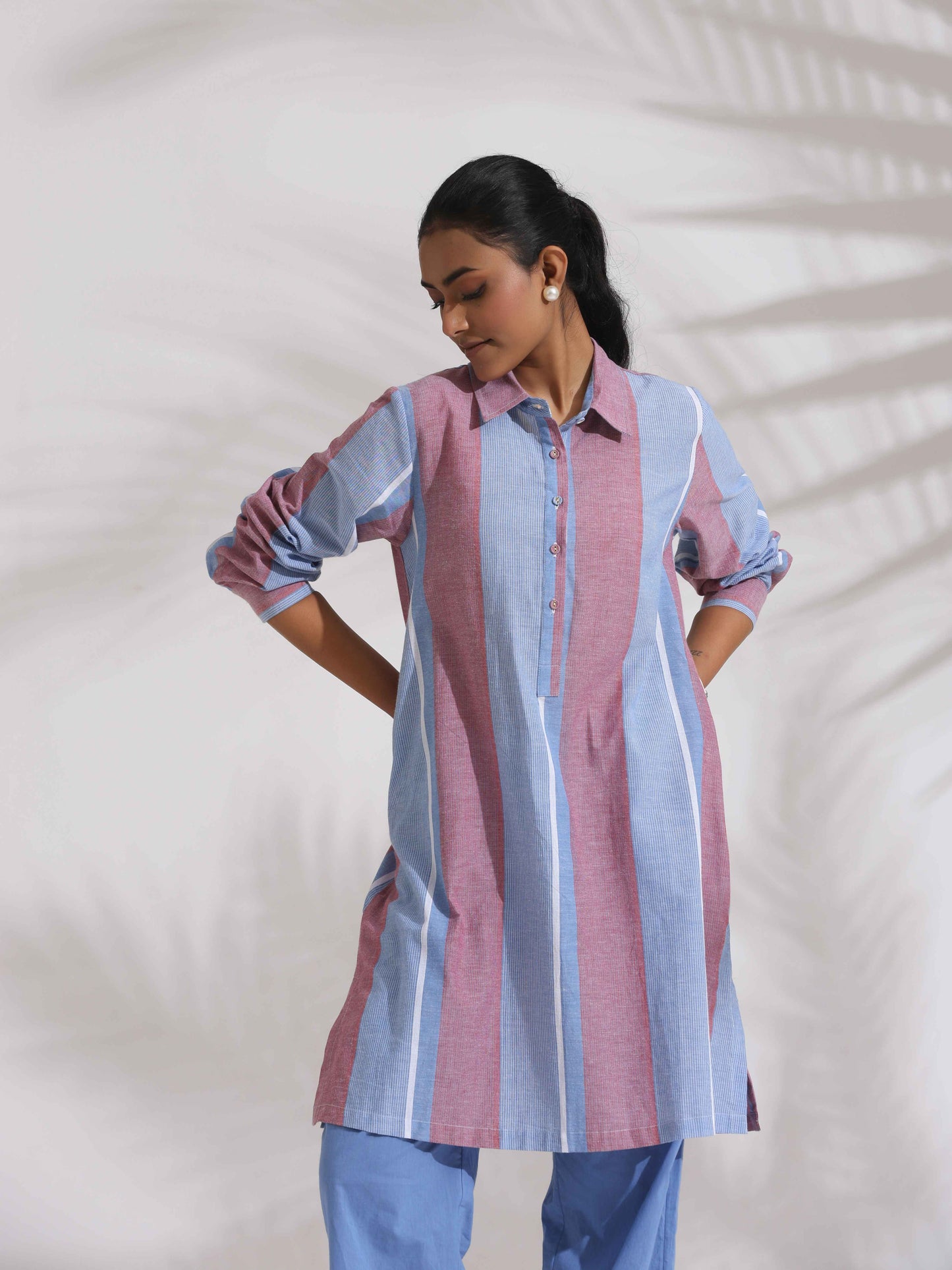 trueBrowns Blue Cotton Stripe Kurta Co-ord Set - Swadesiicart