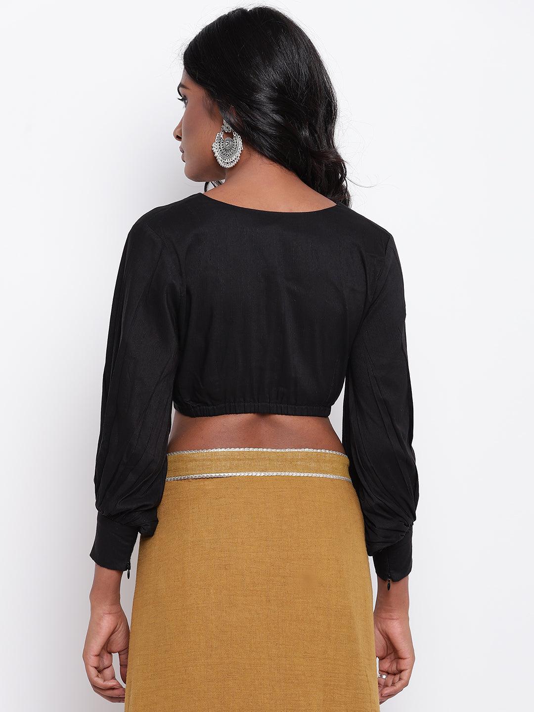 trueBrowns Black Gathered Sleeve Top | Swadesiicart