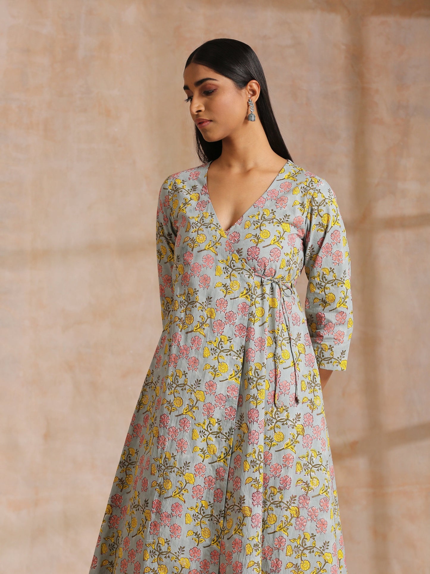 trueBrowns Grey Overall Floral Block Print Cotton Angrakha Kurta Pant Set | Swadesiicart