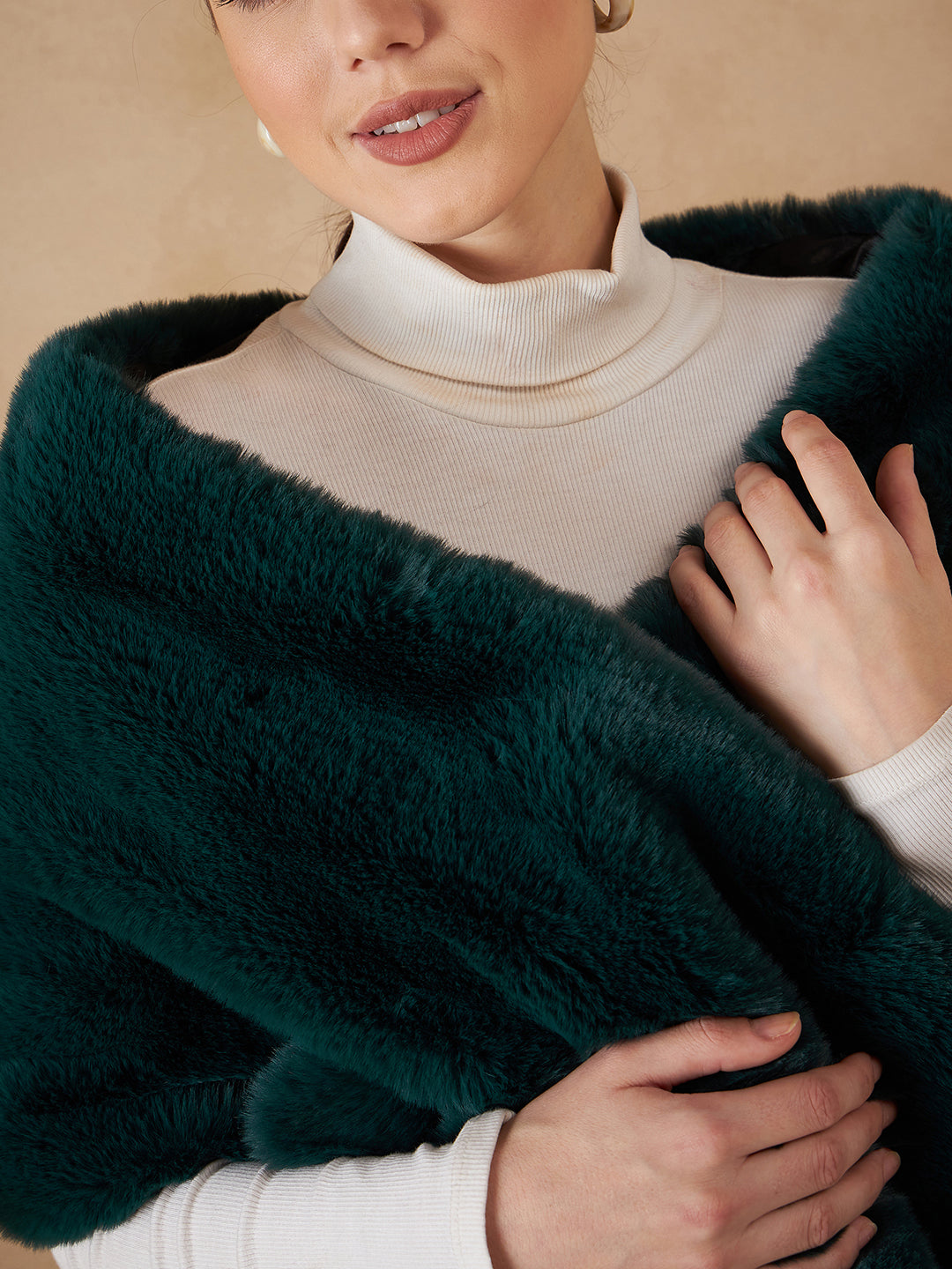 InWeave Women's Dark Teal Long Faux Fur Cape - Swadesiicart