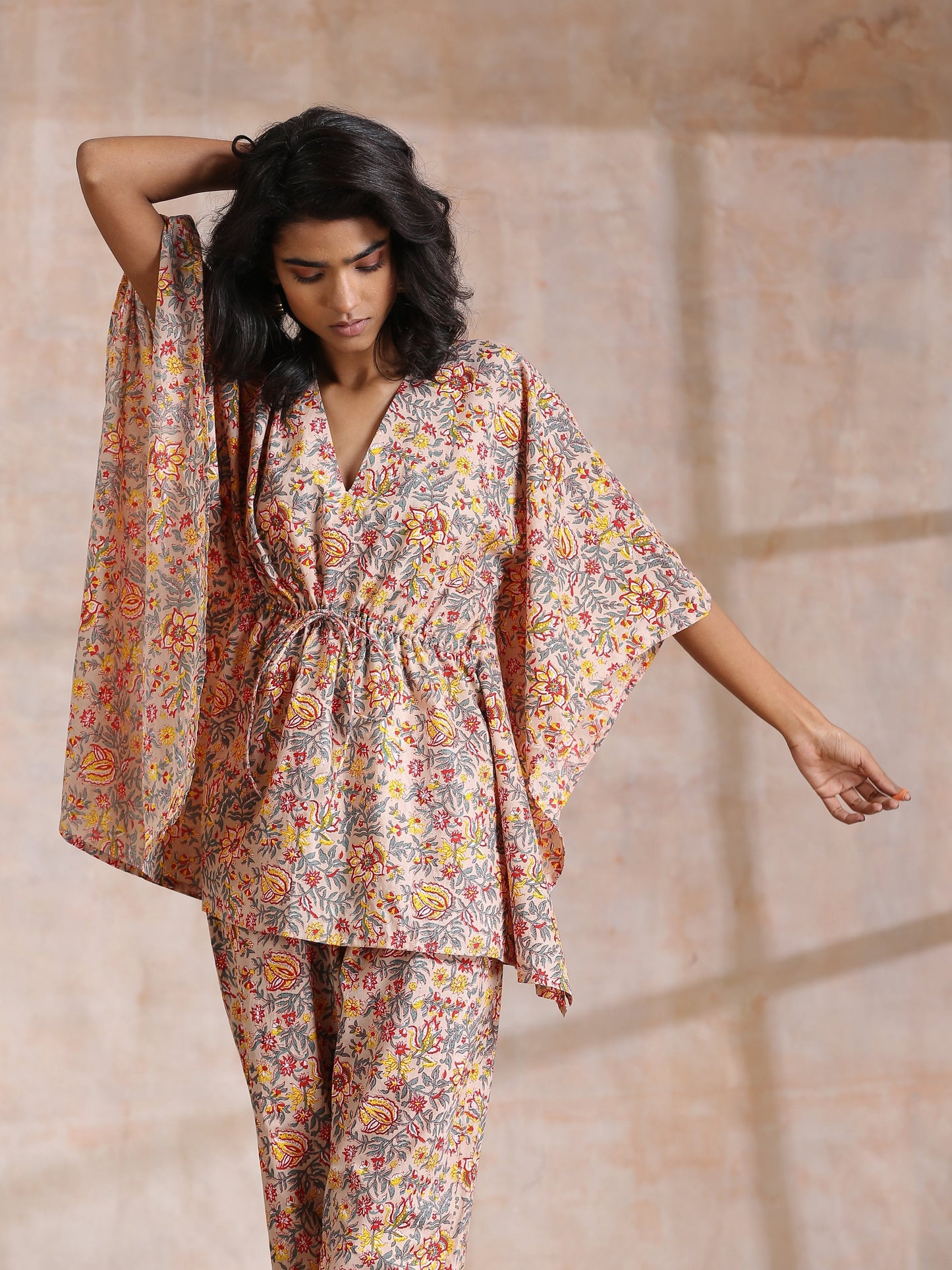 trueBrowns Multicolor Beige Overall Floral Block Print Cotton Kaftan Co-Ord Set - Swadesiicart