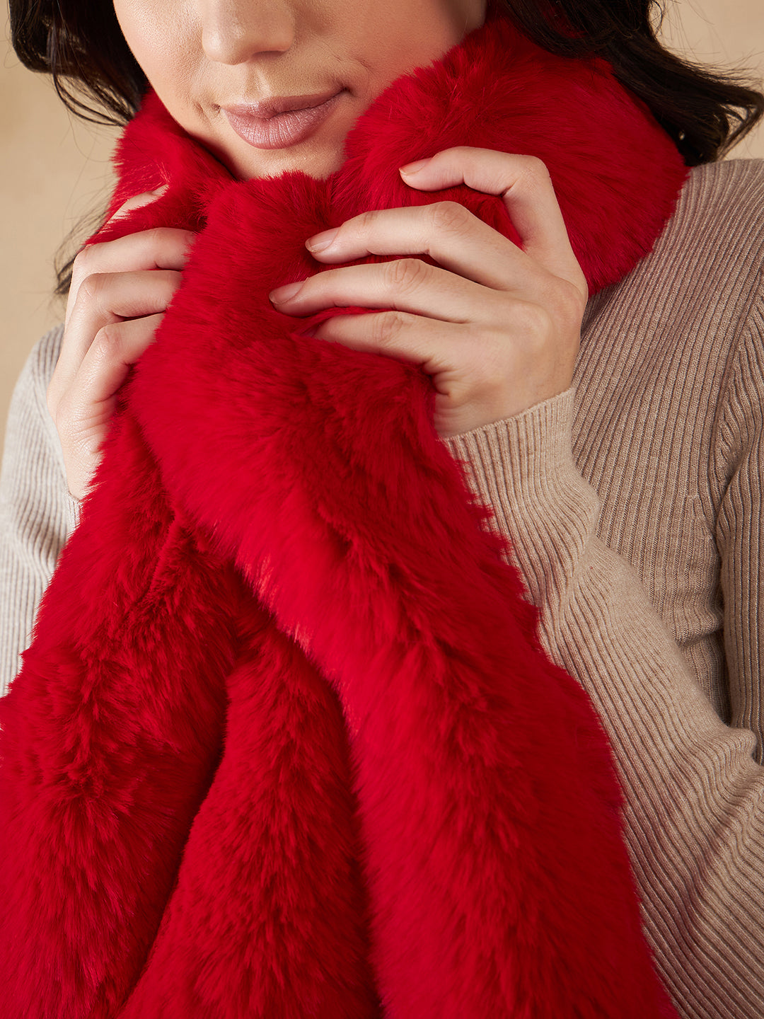 InWeave Women's Cherry Red Faux Fur Neck Warmer - Swadesiicart