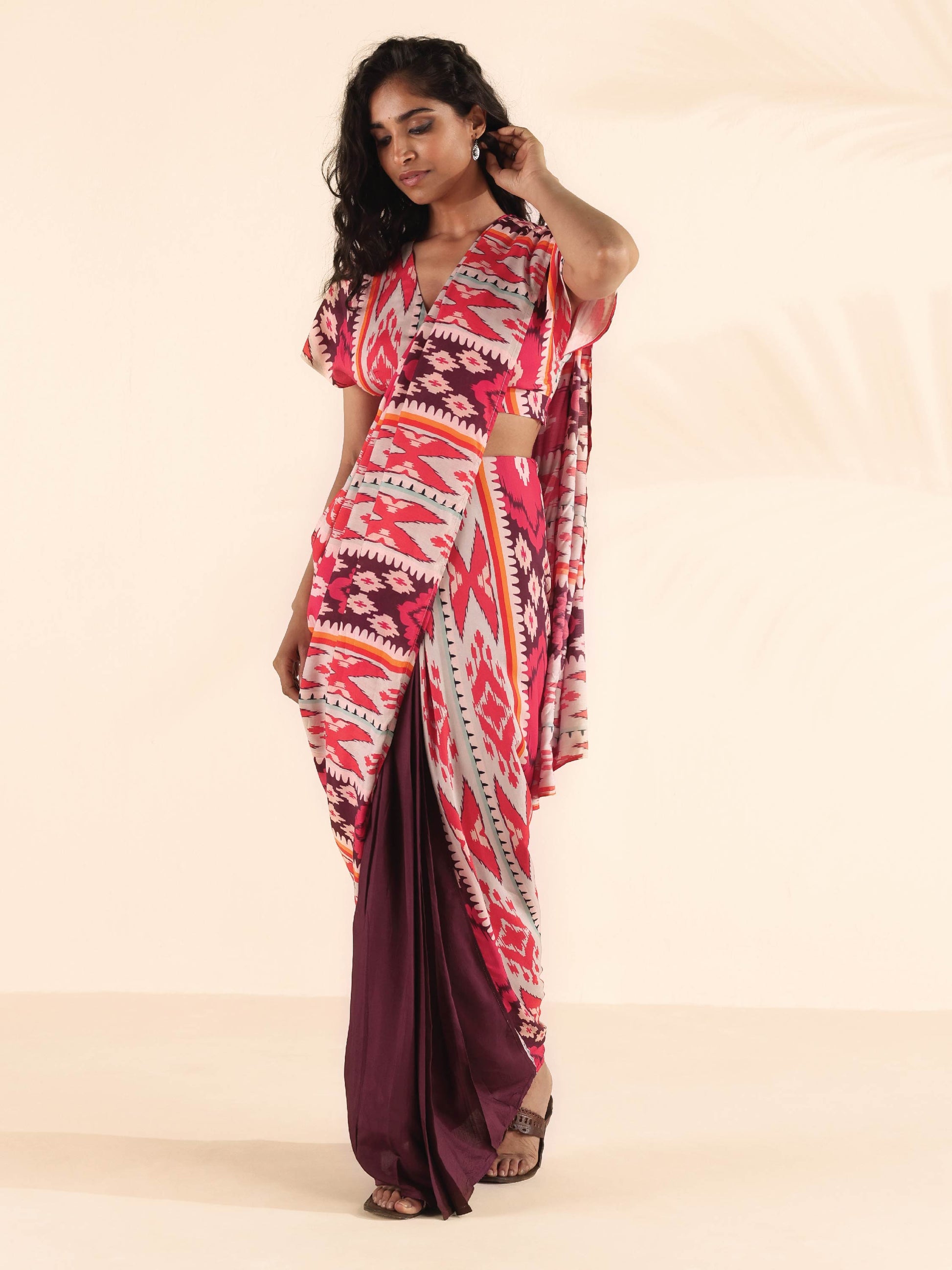 trueBrowns Maroon Muslin Ikat Blouse | Swadesiicart