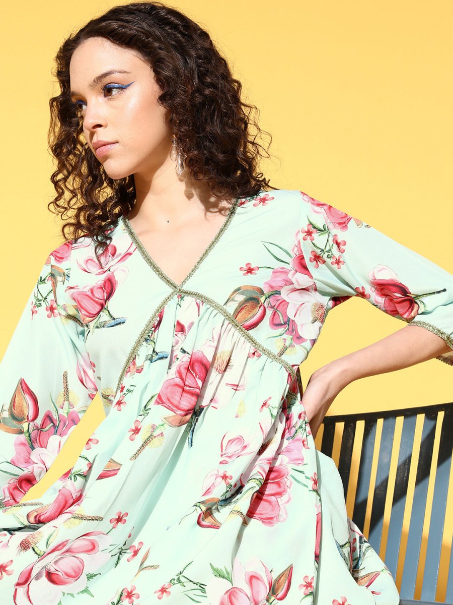 Ahalyaa Women Floral Printed Pleated Kurti with Sharara | Swadesiicart