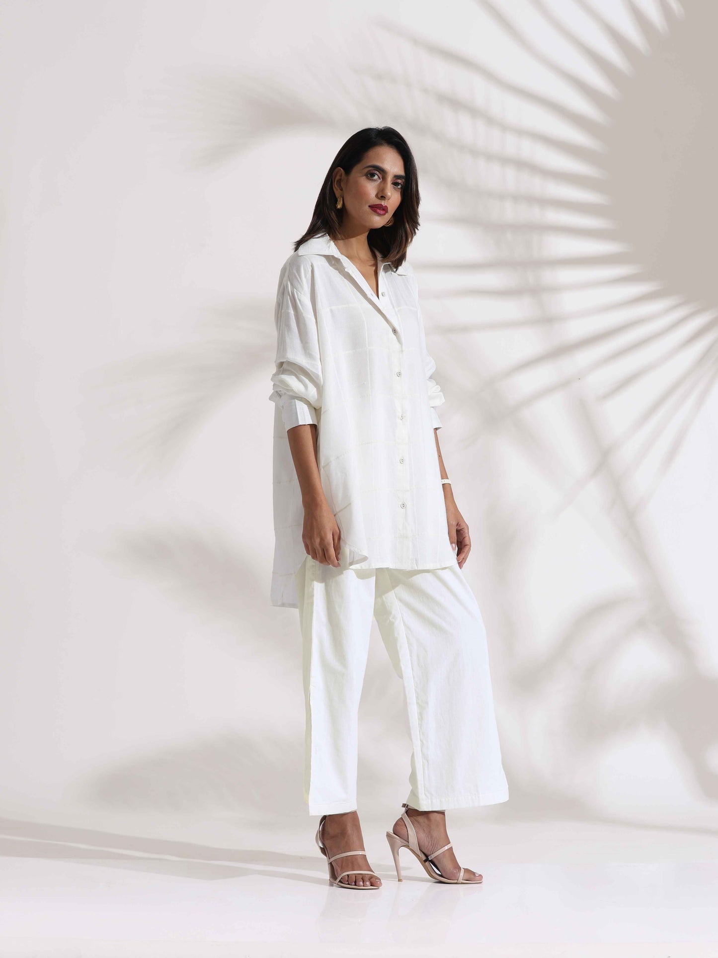 trueBrowns White Cotton Check Shirt Co-ord Set - Swadesiicart