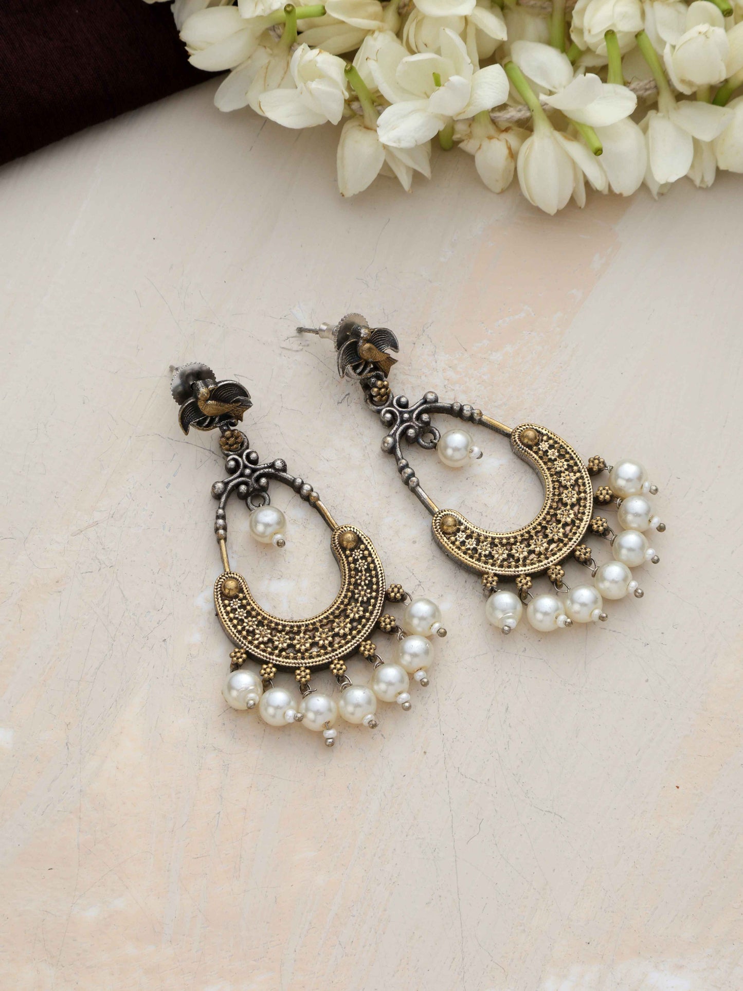 trueBrowns Silver Gold Tone Chandbaali Earrings - Swadesiicart