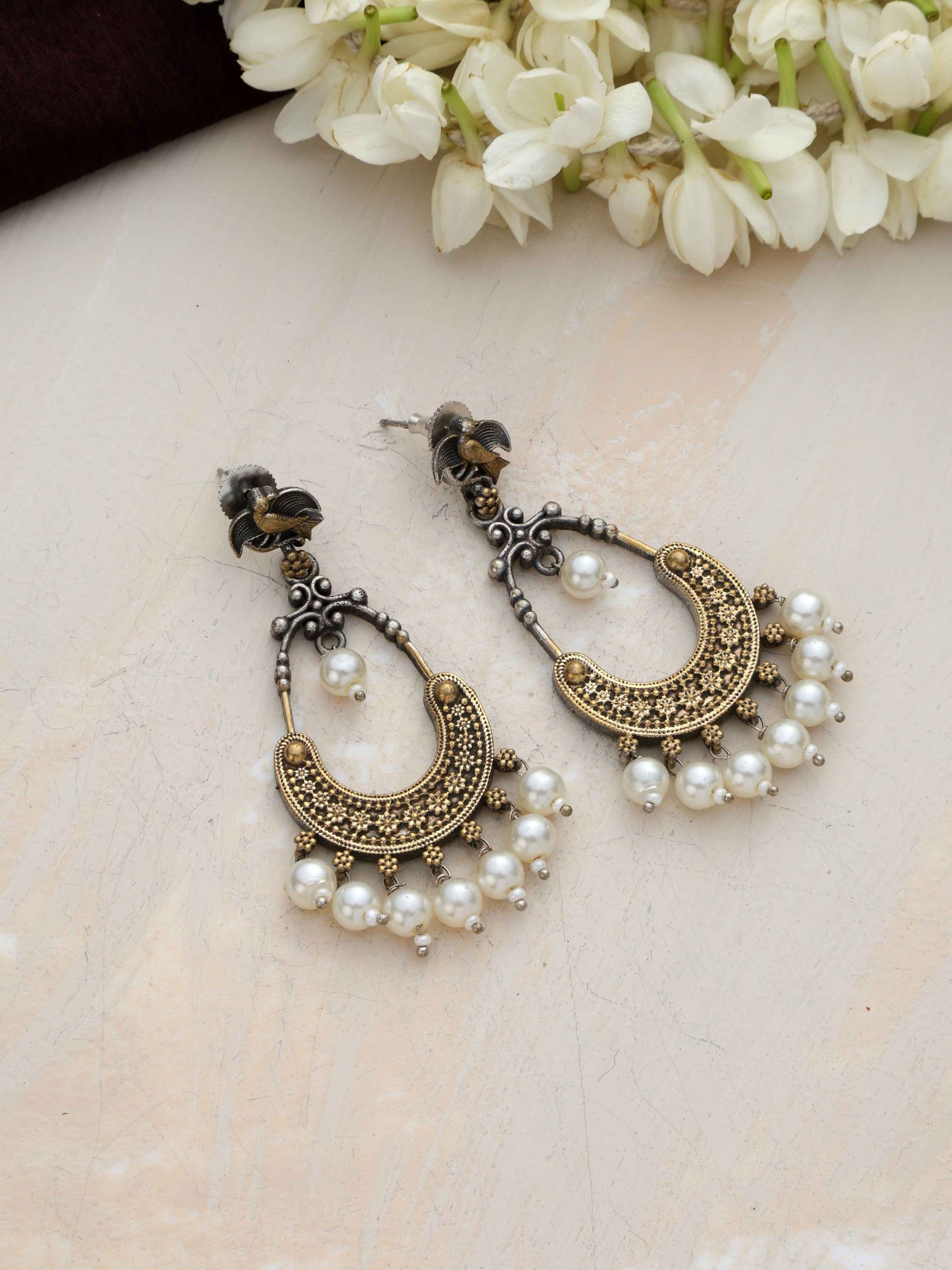 trueBrowns Silver Gold Tone Chandbaali Earrings - Swadesiicart