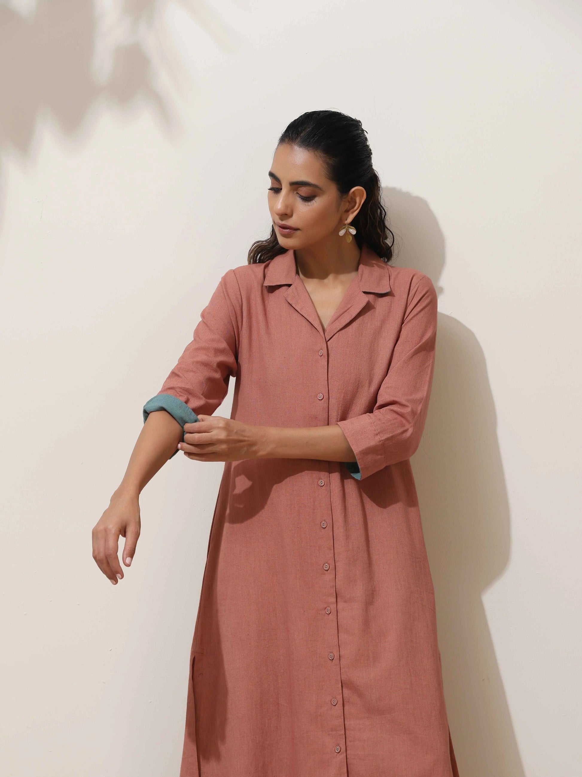 trueBrowns Peach Cotton Linen Kurta Pant Set | Swadesiicart