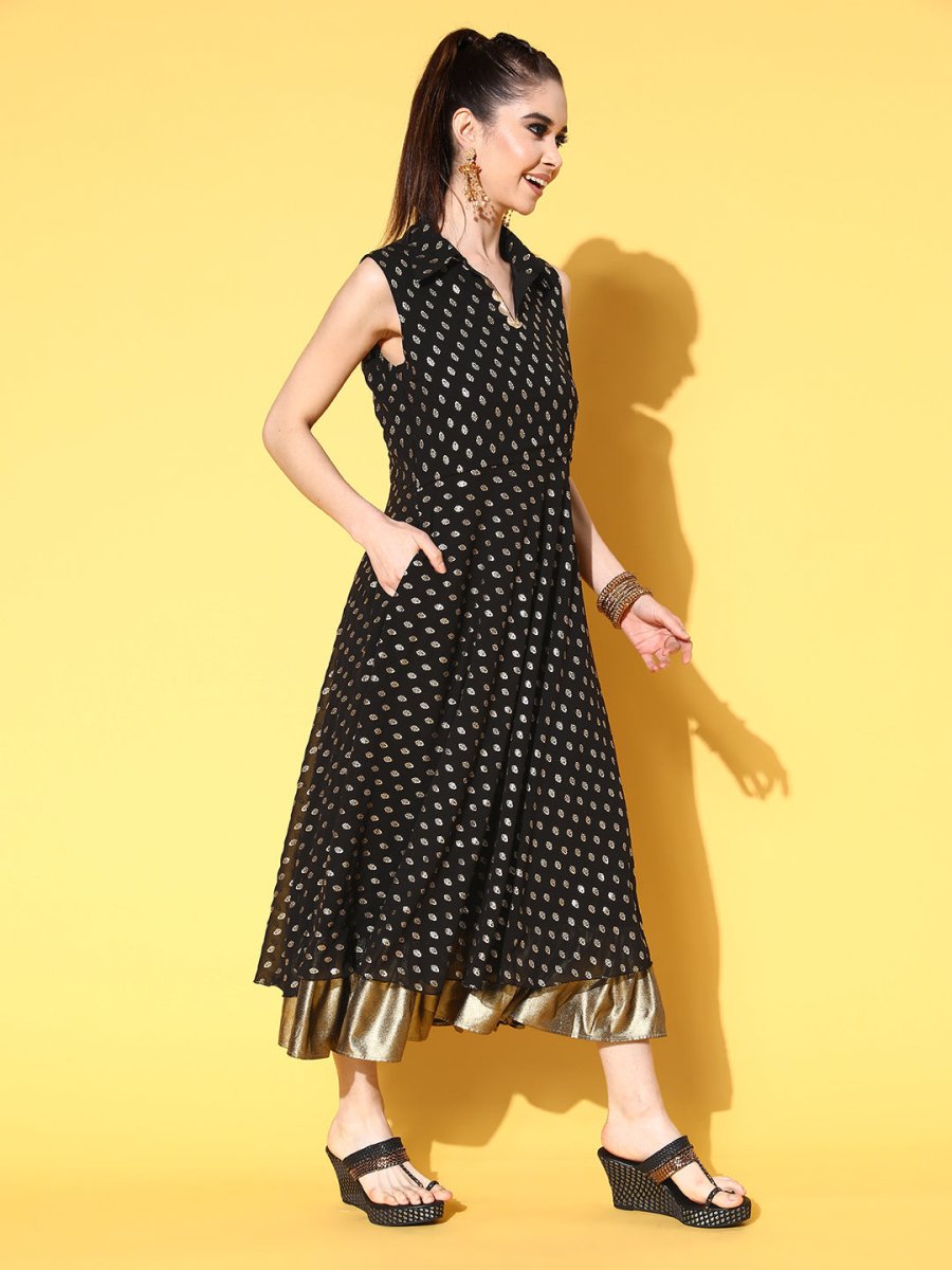 Ahalyaa Black Georgette Ethnic Motifs Printed Shirt-Collar Midi Fit & Flare Ethnic Dress | Swadesiicart