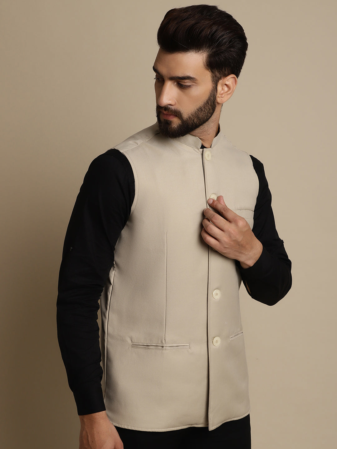 Even Apparels Men's Cream Mandarin Collar Waistcoat | Swadesiicart