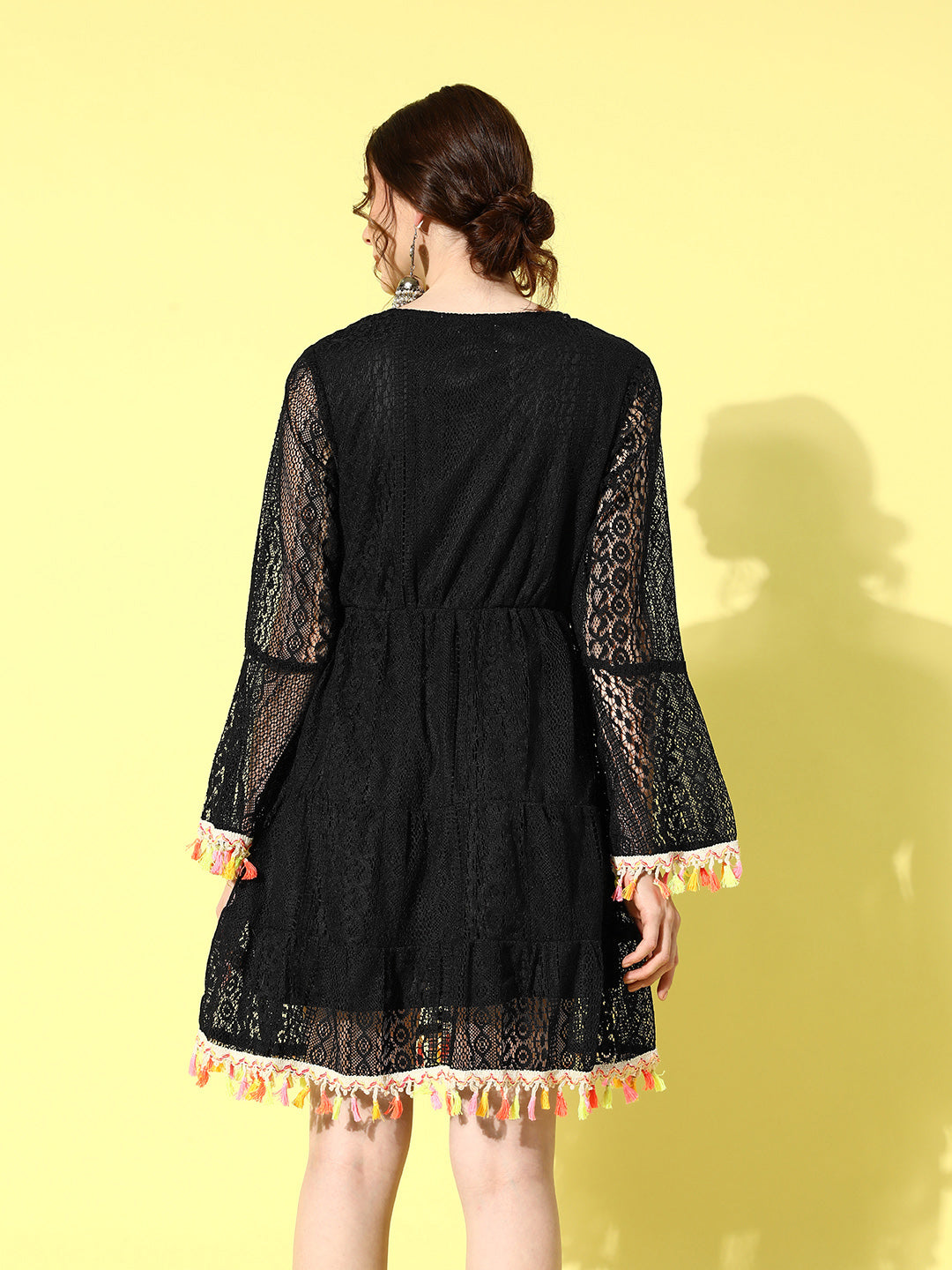 InWeave Women's Black Lacy Dress With Tassles - Swadesiicart