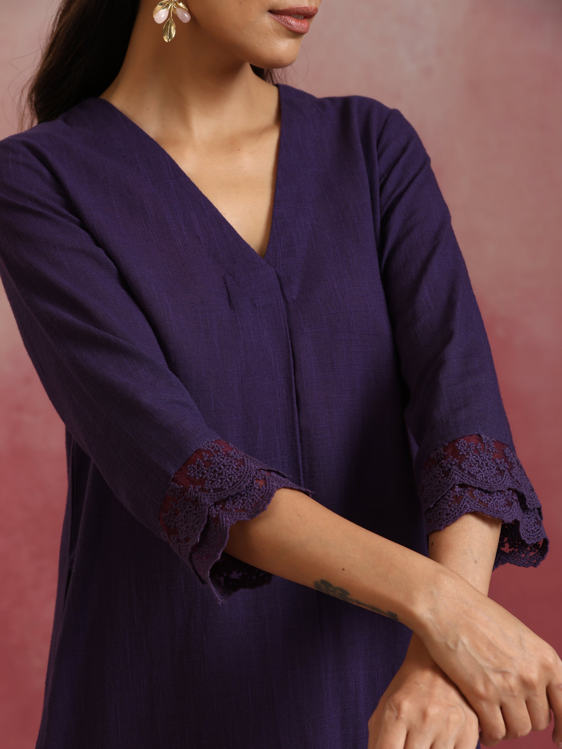 trueBrowns Purple Cotton Dobby Kurta Set | Swadesiicart