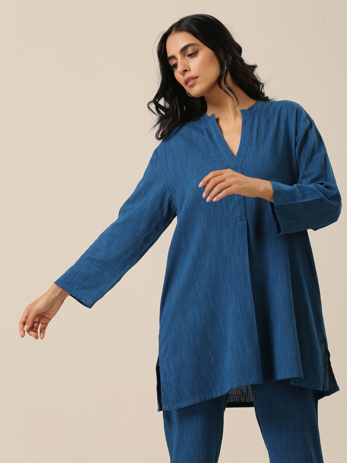 trueBrowns Classic Blue Slub Texture Relax Fit Co-Ord Set - Swadesiicart