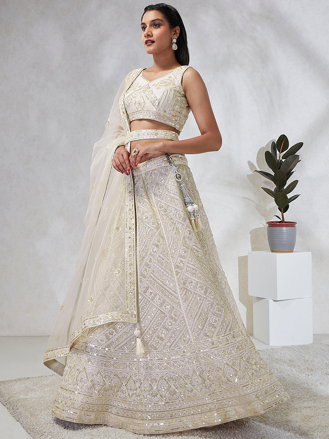 House of Panchhi Cream Net Cutdana, Sequins And Zarkan Embroidery Lehenga Choli & Dupatta | Swadesiicart