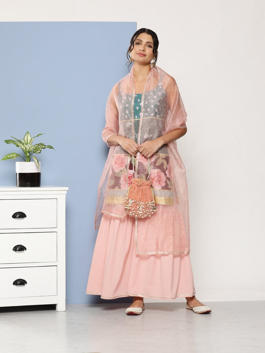 Ahalyaa Women Green Floral Printed Gotta Patti Kurta with Sharara & With Dupatta | Swadesiicart